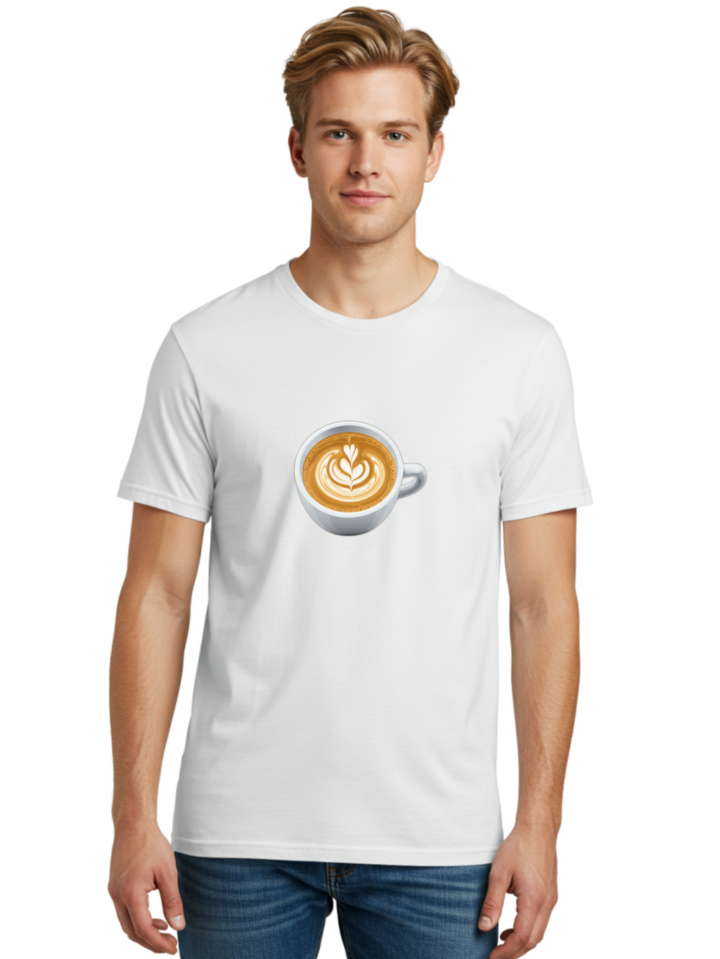 Coffee-Cup-5 Men'S Graphic Tee, 100% Cotton, Comfortable Casual Summer Wear, Machine Washable, Coffee Cup, Latte Art, Morning Coffee, Coffee Break, Caffeine Boost, White Cup, Leaf Design, Frothy Coffee, Coffee Culture Bab790