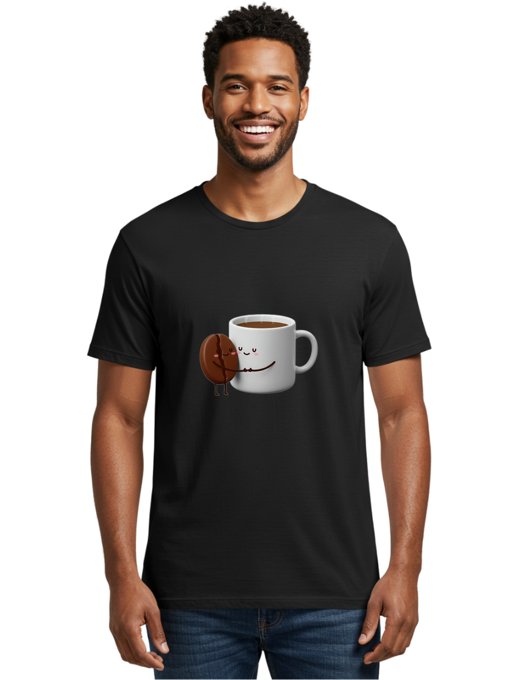 Coffee-Cup-And-Chocolate-Cookie Men'S Graphic Tee, 100% Cotton, Comfortable Casual Summer Wear, Machine Washable, Cartoon Coffee Mug, Chocolate Cookie, Smiling Faces, Cartoon Characters, Adorable Scene, Playful Illustration, Coffee Break, Bab793
