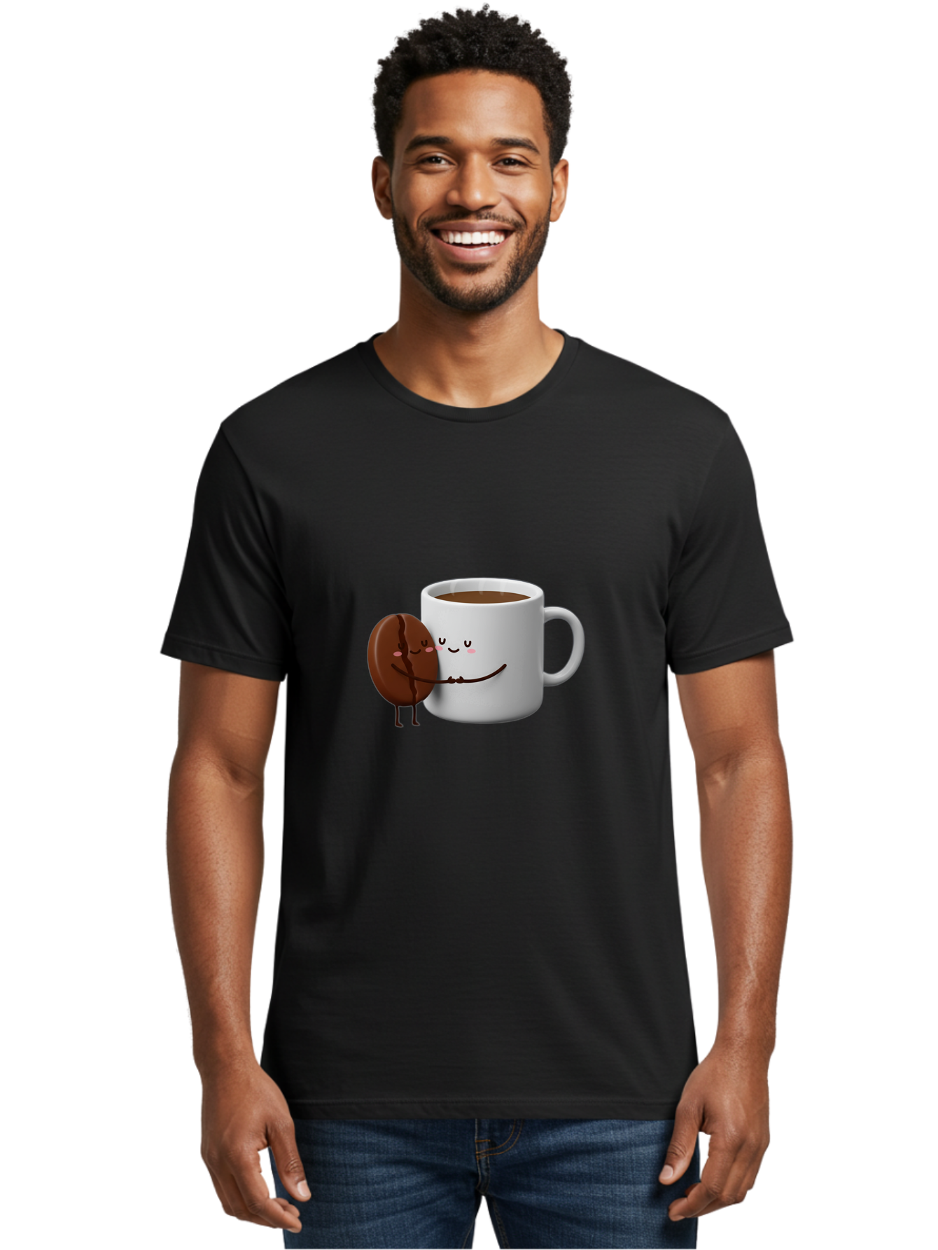 Coffee-Cup-And-Chocolate-Cookie Men'S Graphic Tee, 100% Cotton, Comfortable Casual Summer Wear, Machine Washable, Cartoon Coffee Mug, Chocolate Cookie, Smiling Faces, Cartoon Characters, Adorable Scene, Playful Illustration, Coffee Break, Bab793