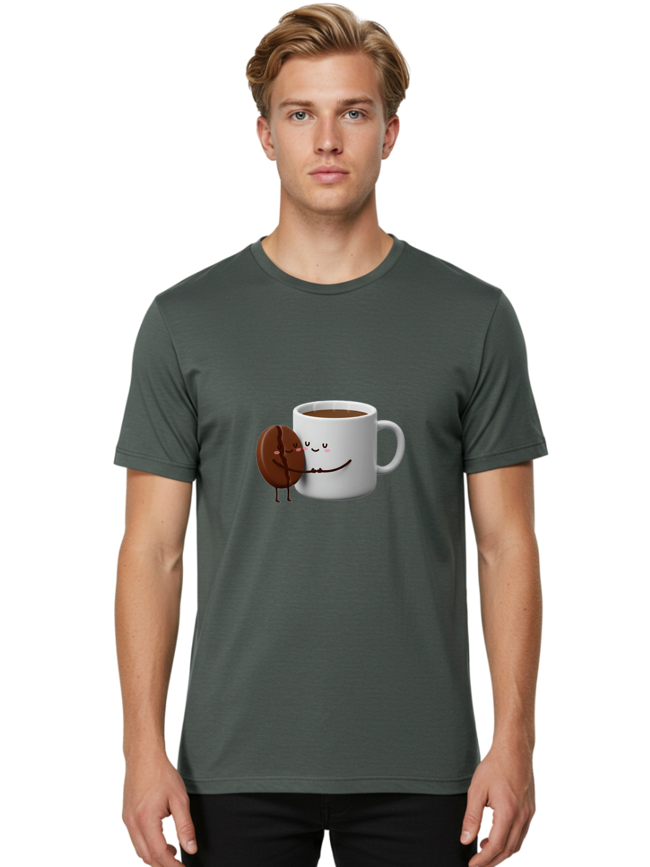 Coffee-Cup-And-Chocolate-Cookie Men'S Graphic Tee, 100% Cotton, Comfortable Casual Summer Wear, Machine Washable, Cartoon Coffee Mug, Chocolate Cookie, Smiling Faces, Cartoon Characters, Adorable Scene, Playful Illustration, Coffee Break, Bab793