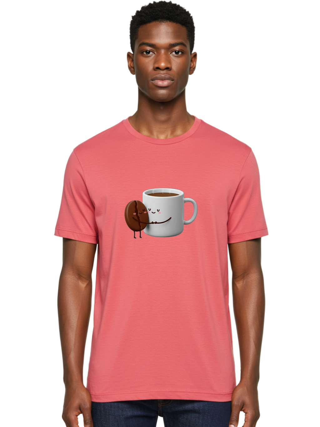 Coffee-Cup-And-Chocolate-Cookie Men'S Graphic Tee, 100% Cotton, Comfortable Casual Summer Wear, Machine Washable, Cartoon Coffee Mug, Chocolate Cookie, Smiling Faces, Cartoon Characters, Adorable Scene, Playful Illustration, Coffee Break, Bab793