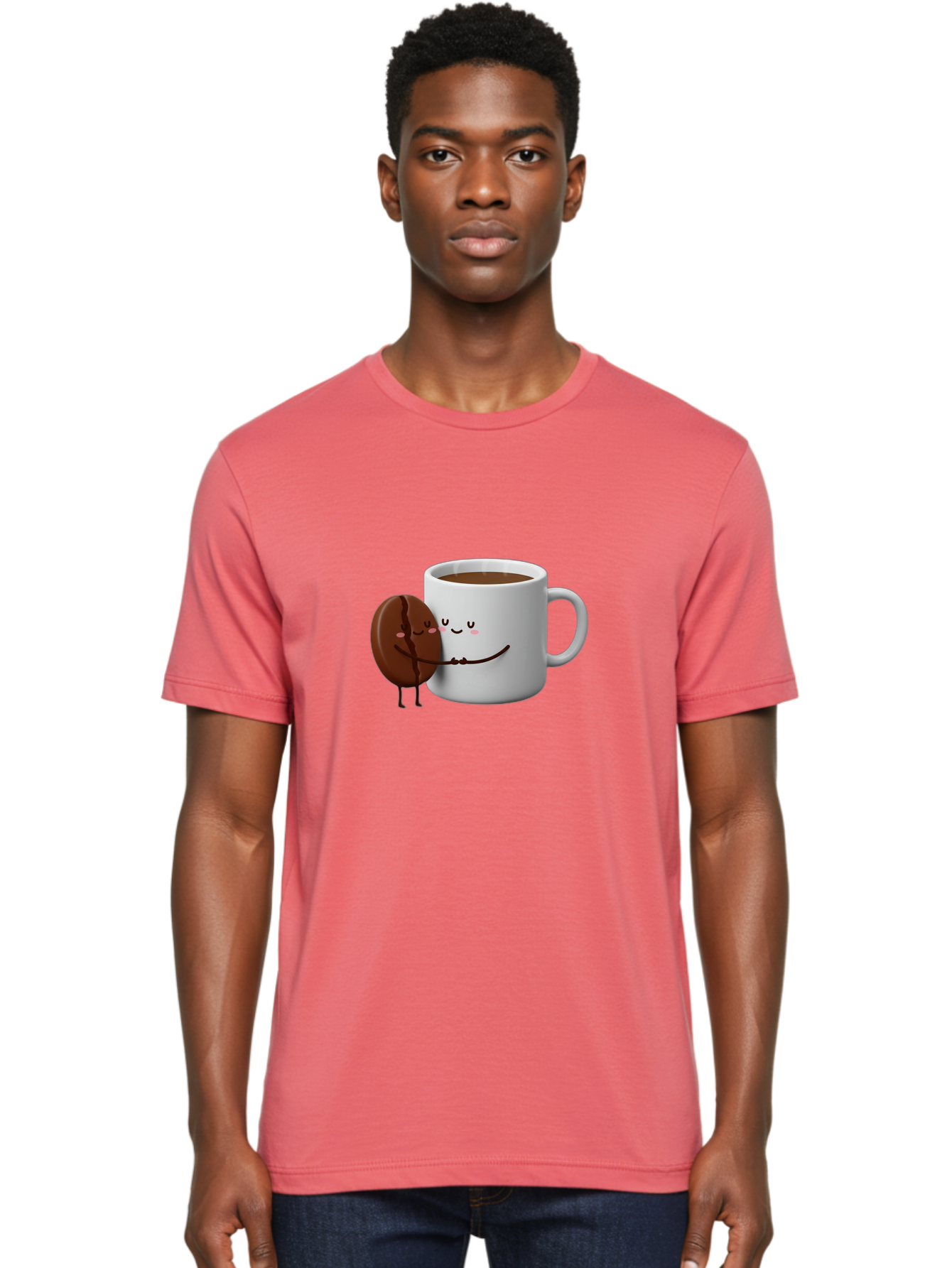 Coffee-Cup-And-Chocolate-Cookie Men'S Graphic Tee, 100% Cotton, Comfortable Casual Summer Wear, Machine Washable, Cartoon Coffee Mug, Chocolate Cookie, Smiling Faces, Cartoon Characters, Adorable Scene, Playful Illustration, Coffee Break, Bab793