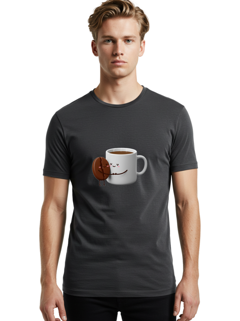 Coffee-Cup-And-Chocolate-Cookie Men'S Graphic Tee, 100% Cotton, Comfortable Casual Summer Wear, Machine Washable, Cartoon Coffee Mug, Chocolate Cookie, Smiling Faces, Cartoon Characters, Adorable Scene, Playful Illustration, Coffee Break, Bab793