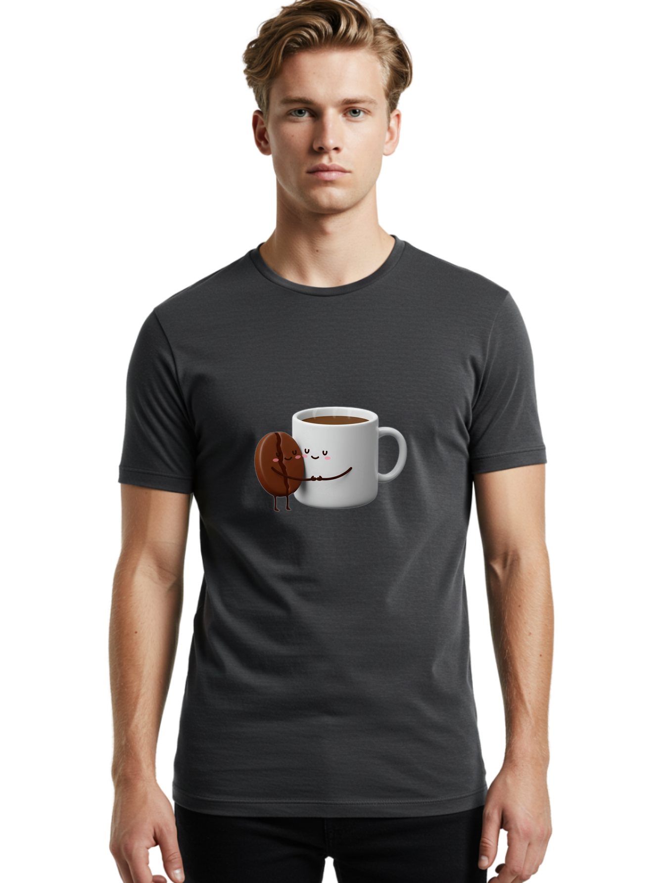 Coffee-Cup-And-Chocolate-Cookie Men'S Graphic Tee, 100% Cotton, Comfortable Casual Summer Wear, Machine Washable, Cartoon Coffee Mug, Chocolate Cookie, Smiling Faces, Cartoon Characters, Adorable Scene, Playful Illustration, Coffee Break, Bab793