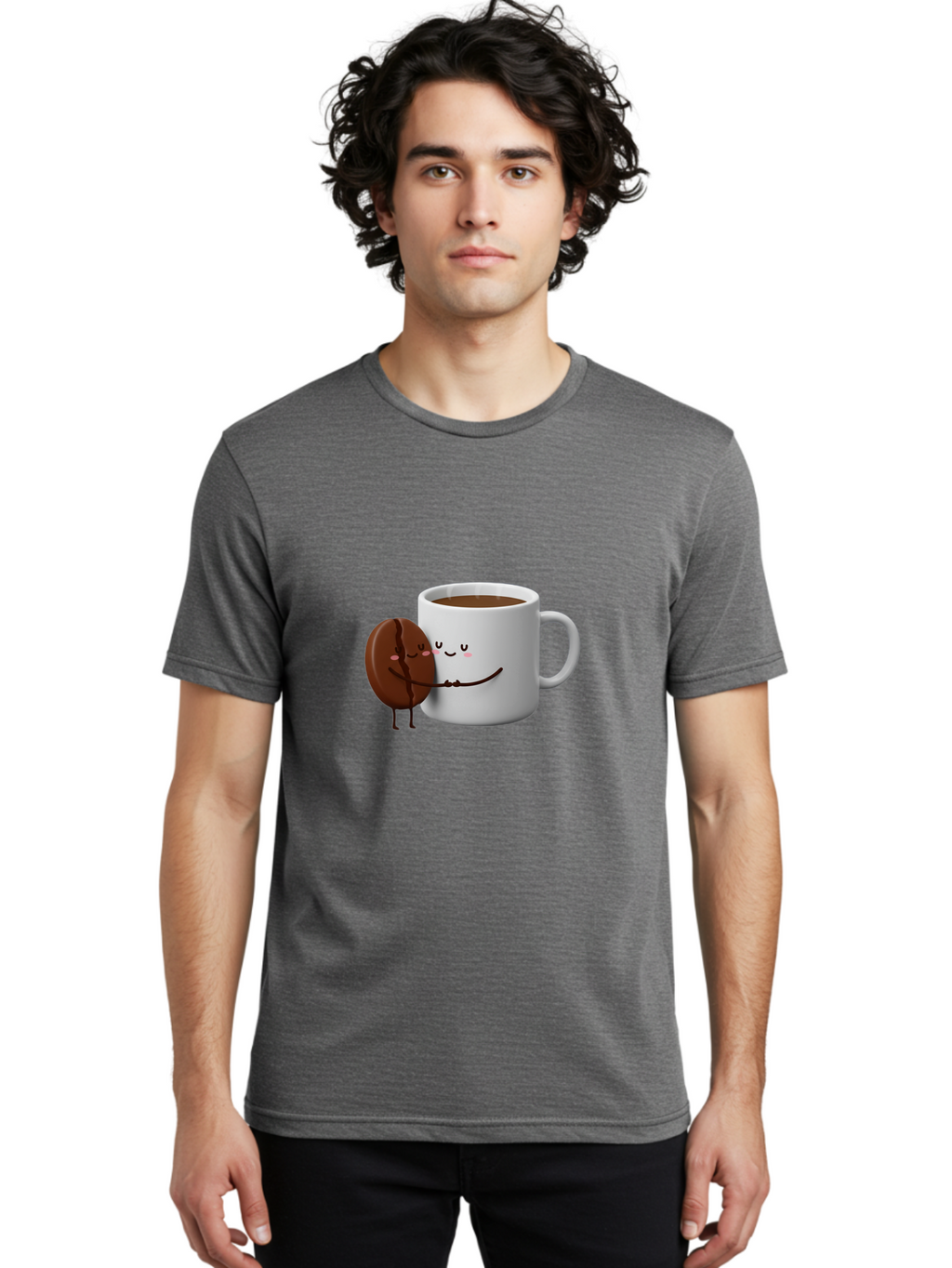 Coffee-Cup-And-Chocolate-Cookie Men'S Graphic Tee, 100% Cotton, Comfortable Casual Summer Wear, Machine Washable, Cartoon Coffee Mug, Chocolate Cookie, Smiling Faces, Cartoon Characters, Adorable Scene, Playful Illustration, Coffee Break, Bab793