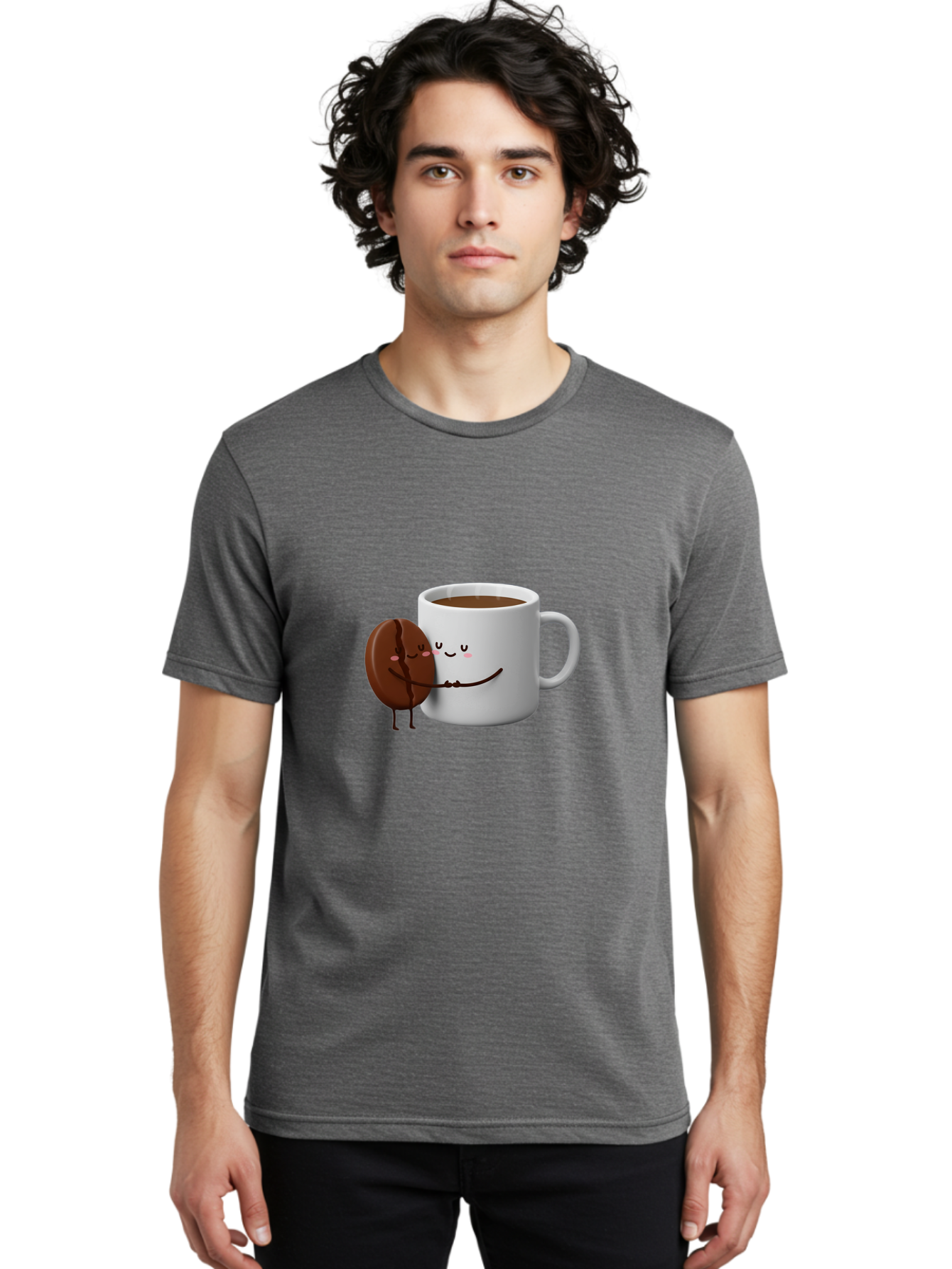 Coffee-Cup-And-Chocolate-Cookie Men'S Graphic Tee, 100% Cotton, Comfortable Casual Summer Wear, Machine Washable, Cartoon Coffee Mug, Chocolate Cookie, Smiling Faces, Cartoon Characters, Adorable Scene, Playful Illustration, Coffee Break, Bab793