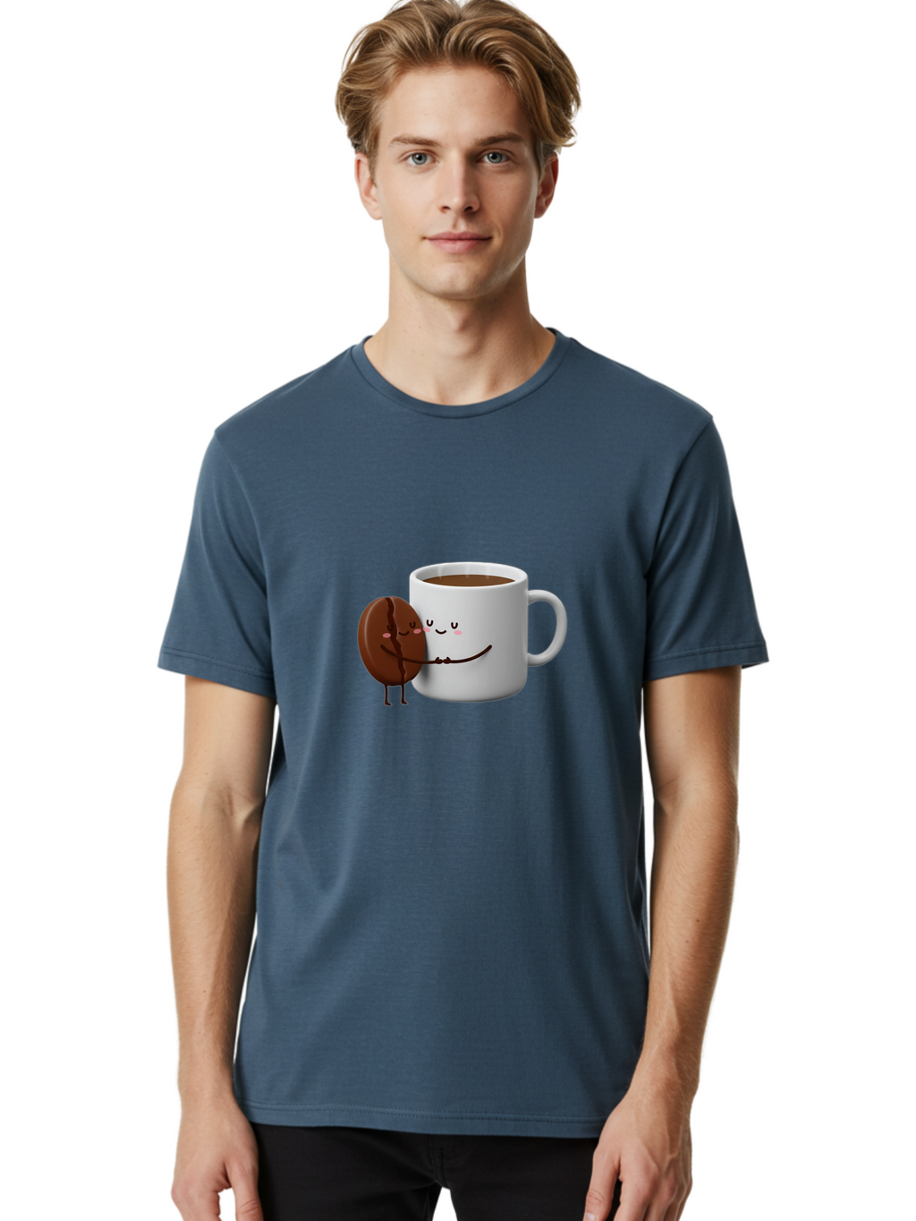 Coffee-Cup-And-Chocolate-Cookie Men'S Graphic Tee, 100% Cotton, Comfortable Casual Summer Wear, Machine Washable, Cartoon Coffee Mug, Chocolate Cookie, Smiling Faces, Cartoon Characters, Adorable Scene, Playful Illustration, Coffee Break, Bab793