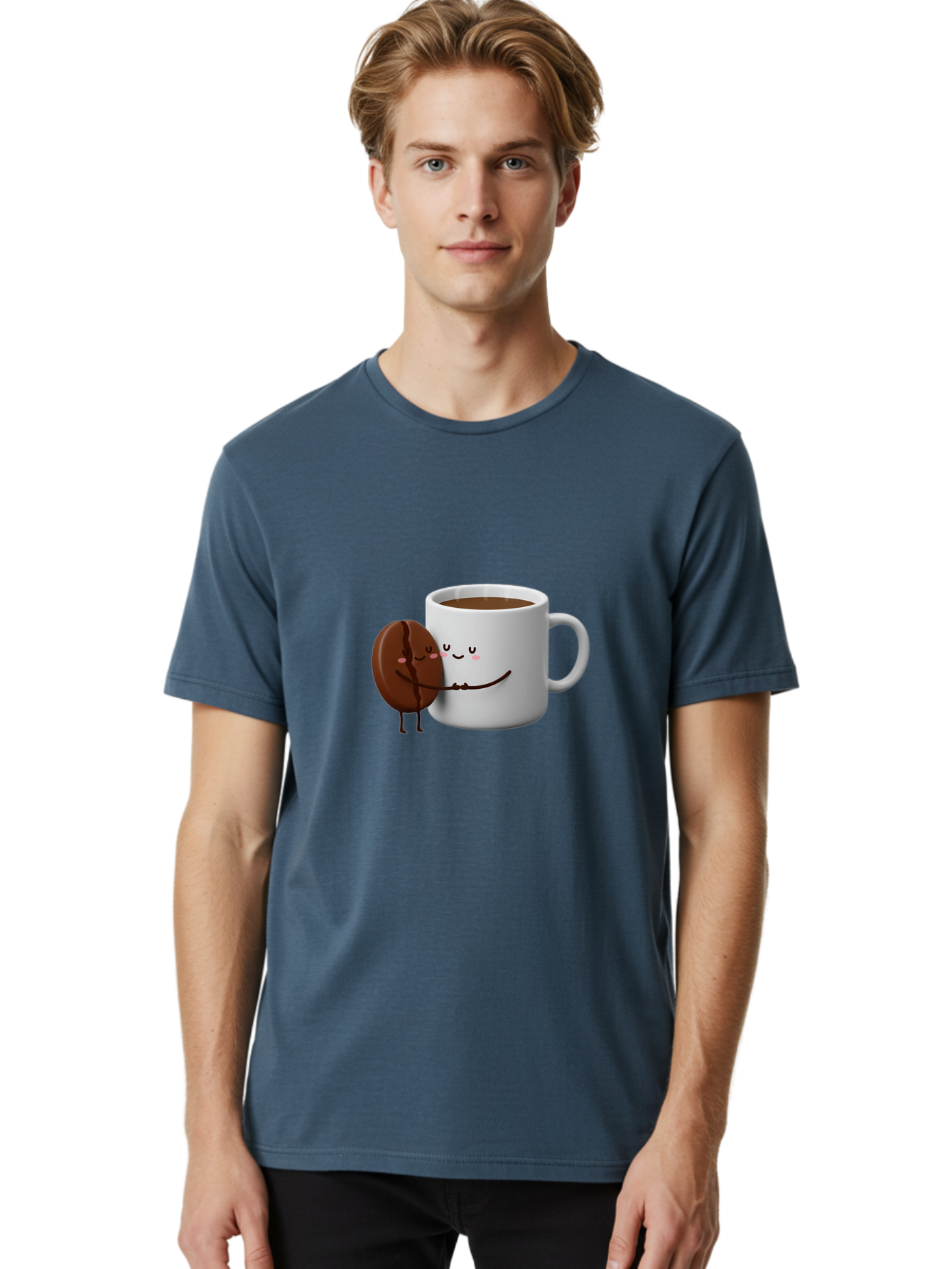 Coffee-Cup-And-Chocolate-Cookie Men'S Graphic Tee, 100% Cotton, Comfortable Casual Summer Wear, Machine Washable, Cartoon Coffee Mug, Chocolate Cookie, Smiling Faces, Cartoon Characters, Adorable Scene, Playful Illustration, Coffee Break, Bab793