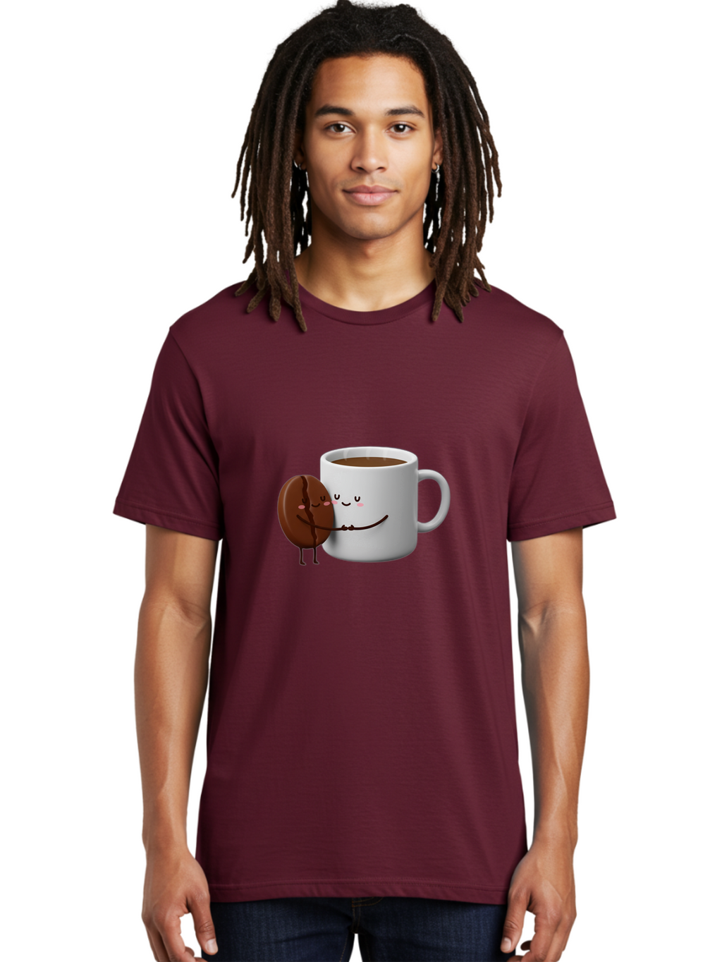 Coffee-Cup-And-Chocolate-Cookie Men'S Graphic Tee, 100% Cotton, Comfortable Casual Summer Wear, Machine Washable, Cartoon Coffee Mug, Chocolate Cookie, Smiling Faces, Cartoon Characters, Adorable Scene, Playful Illustration, Coffee Break, Bab793