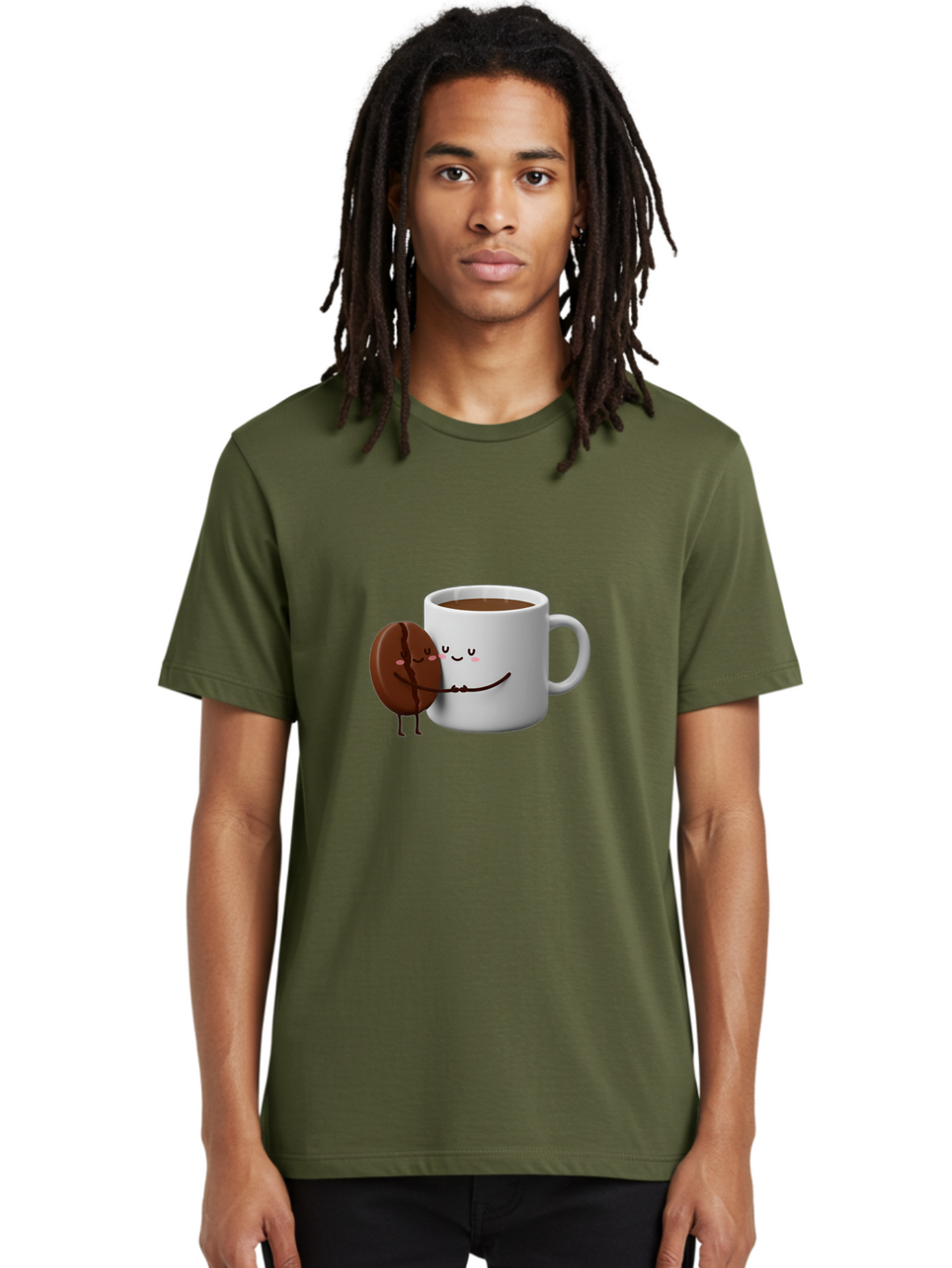 Coffee-Cup-And-Chocolate-Cookie Men'S Graphic Tee, 100% Cotton, Comfortable Casual Summer Wear, Machine Washable, Cartoon Coffee Mug, Chocolate Cookie, Smiling Faces, Cartoon Characters, Adorable Scene, Playful Illustration, Coffee Break, Bab793