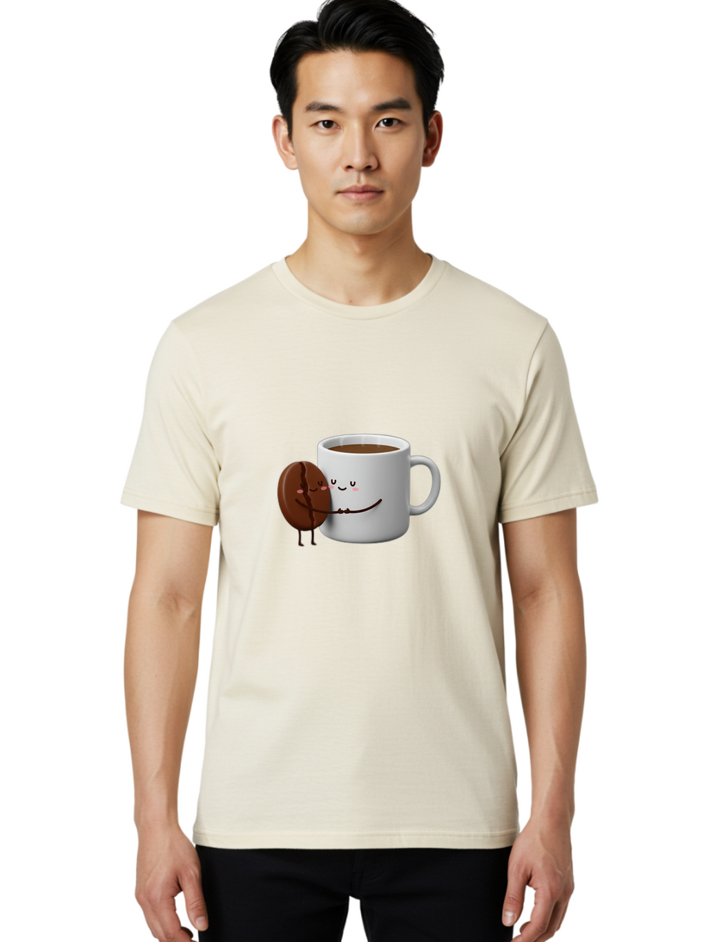 Coffee-Cup-And-Chocolate-Cookie Men'S Graphic Tee, 100% Cotton, Comfortable Casual Summer Wear, Machine Washable, Cartoon Coffee Mug, Chocolate Cookie, Smiling Faces, Cartoon Characters, Adorable Scene, Playful Illustration, Coffee Break, Bab793