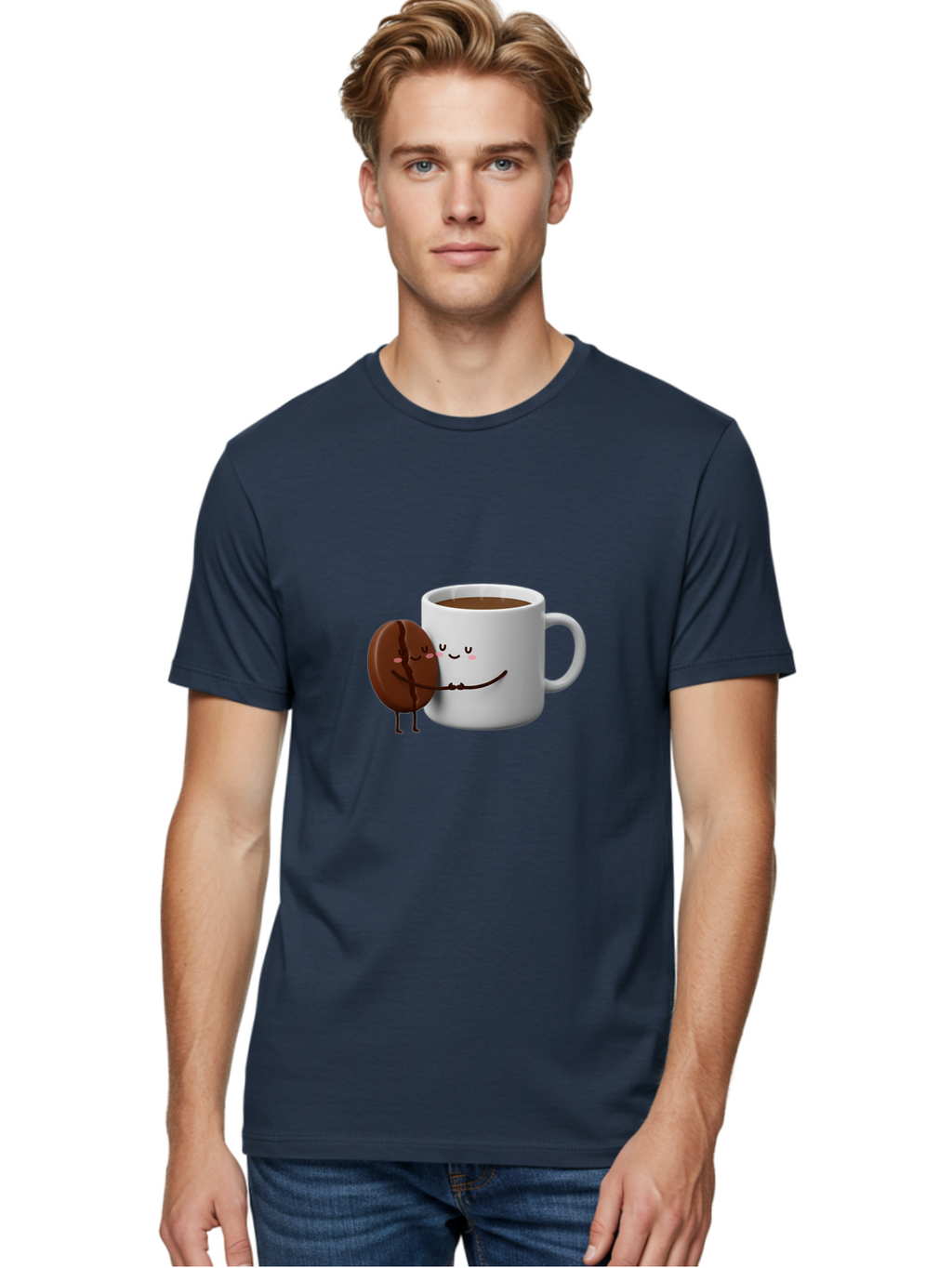 Coffee-Cup-And-Chocolate-Cookie Men'S Graphic Tee, 100% Cotton, Comfortable Casual Summer Wear, Machine Washable, Cartoon Coffee Mug, Chocolate Cookie, Smiling Faces, Cartoon Characters, Adorable Scene, Playful Illustration, Coffee Break, Bab793