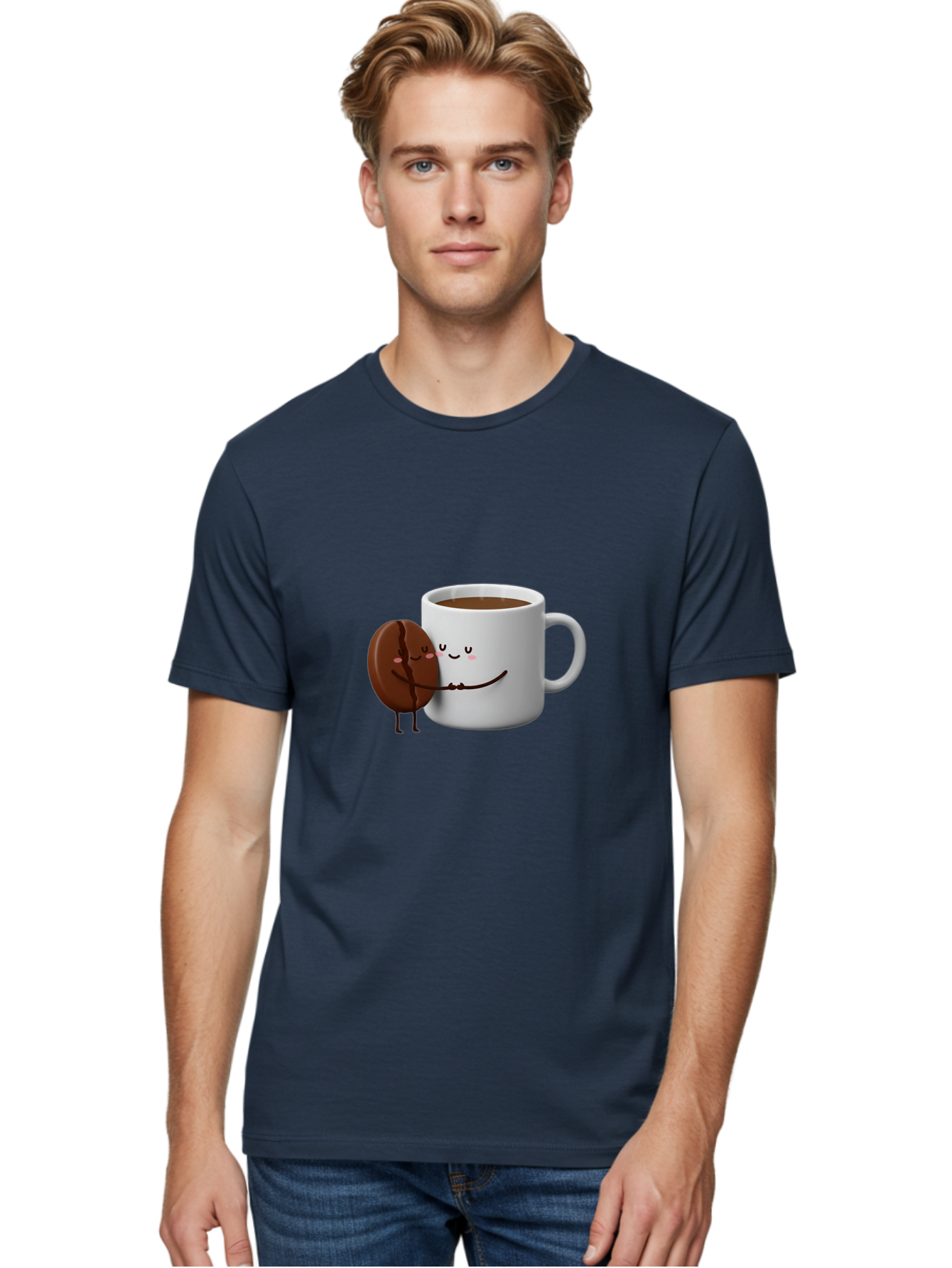 Coffee-Cup-And-Chocolate-Cookie Men'S Graphic Tee, 100% Cotton, Comfortable Casual Summer Wear, Machine Washable, Cartoon Coffee Mug, Chocolate Cookie, Smiling Faces, Cartoon Characters, Adorable Scene, Playful Illustration, Coffee Break, Bab793