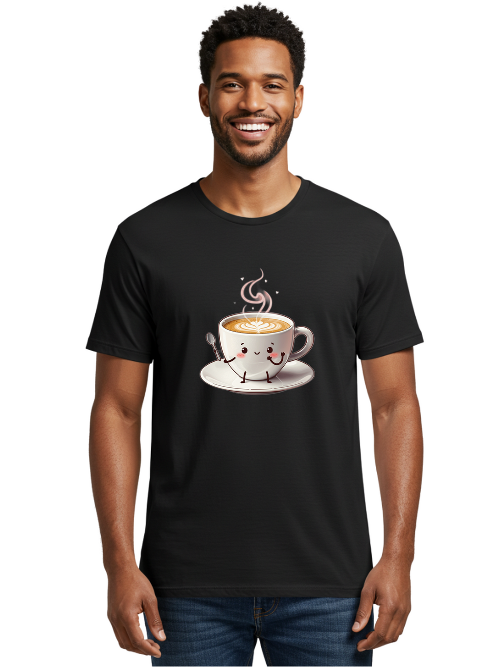 Coffee-Cup-Character-1 Men'S Graphic Tee, 100% Cotton, Comfortable Casual Summer Wear, Machine Washable, Cartoon Coffee Cup, Happy Face, Steaming Hot Coffee, Coffee Art, Cute Character, Kawaii Design, Latte Art, Coffee Culture, Bab794
