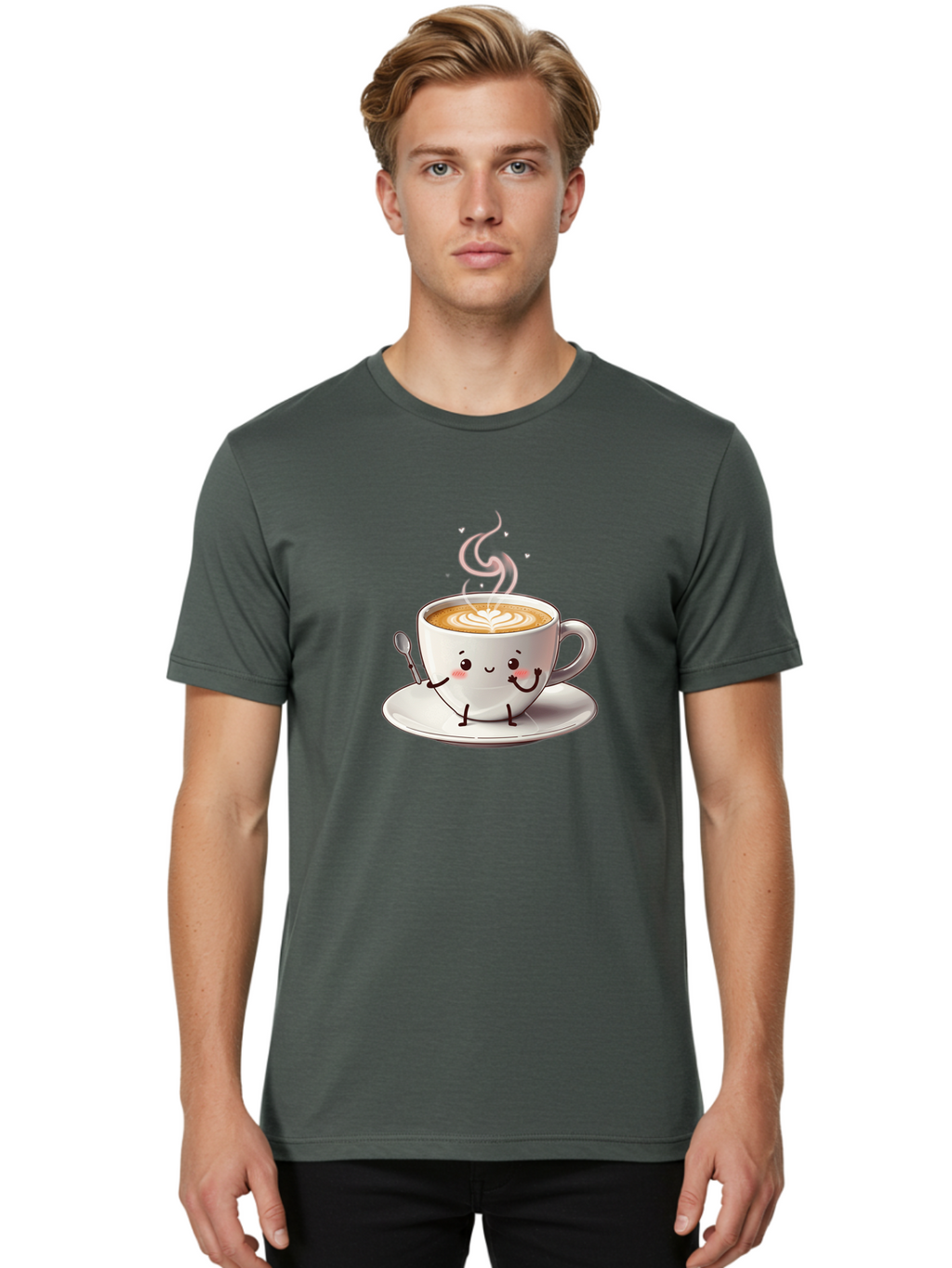 Coffee-Cup-Character-1 Men'S Graphic Tee, 100% Cotton, Comfortable Casual Summer Wear, Machine Washable, Cartoon Coffee Cup, Happy Face, Steaming Hot Coffee, Coffee Art, Cute Character, Kawaii Design, Latte Art, Coffee Culture, Bab794