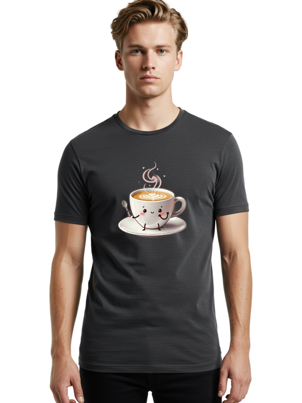Coffee-Cup-Character-1 Men'S Graphic Tee, 100% Cotton, Comfortable Casual Summer Wear, Machine Washable, Cartoon Coffee Cup, Happy Face, Steaming Hot Coffee, Coffee Art, Cute Character, Kawaii Design, Latte Art, Coffee Culture, Bab794