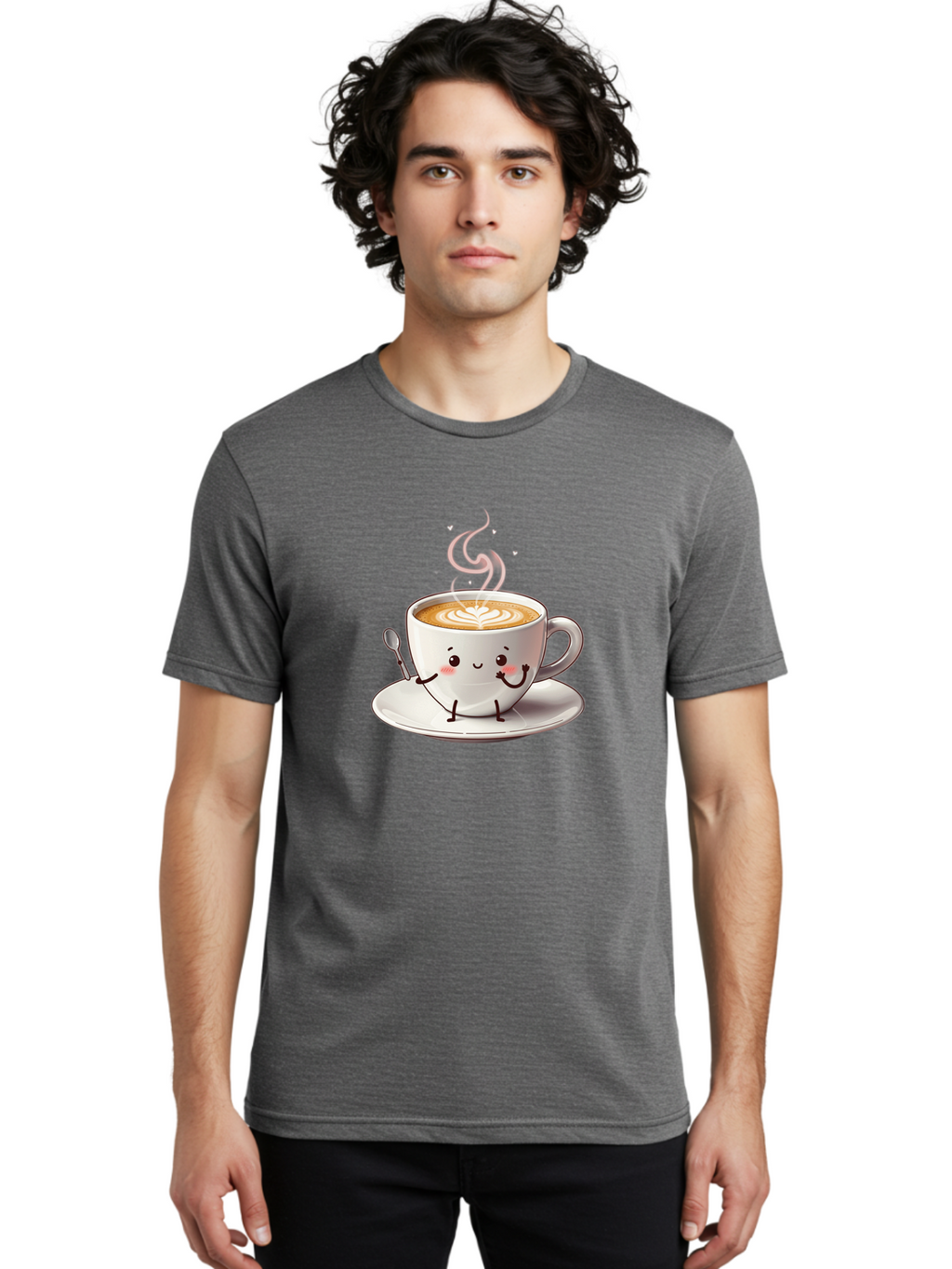 Coffee-Cup-Character-1 Men'S Graphic Tee, 100% Cotton, Comfortable Casual Summer Wear, Machine Washable, Cartoon Coffee Cup, Happy Face, Steaming Hot Coffee, Coffee Art, Cute Character, Kawaii Design, Latte Art, Coffee Culture, Bab794