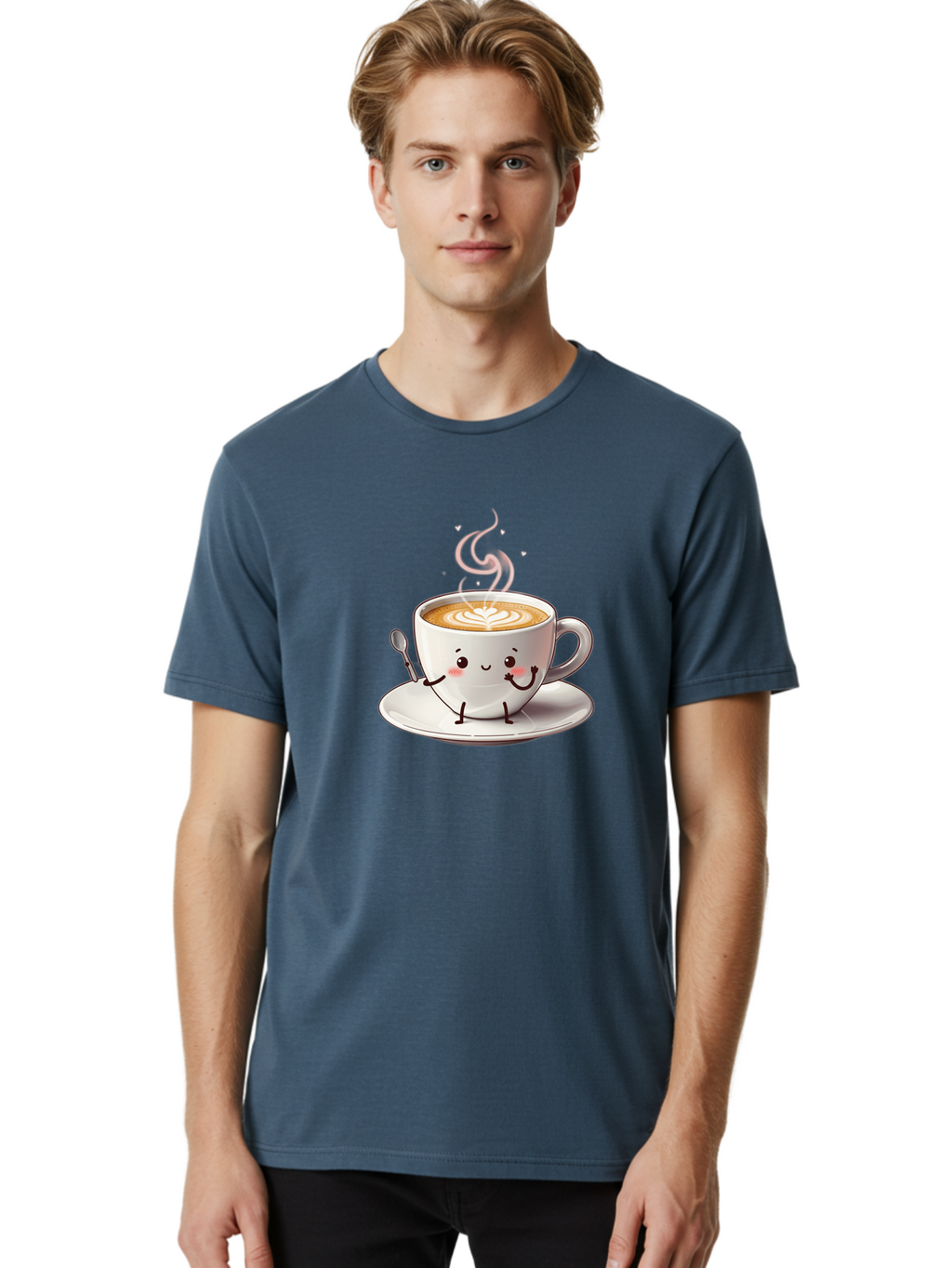 Coffee-Cup-Character-1 Men'S Graphic Tee, 100% Cotton, Comfortable Casual Summer Wear, Machine Washable, Cartoon Coffee Cup, Happy Face, Steaming Hot Coffee, Coffee Art, Cute Character, Kawaii Design, Latte Art, Coffee Culture, Bab794
