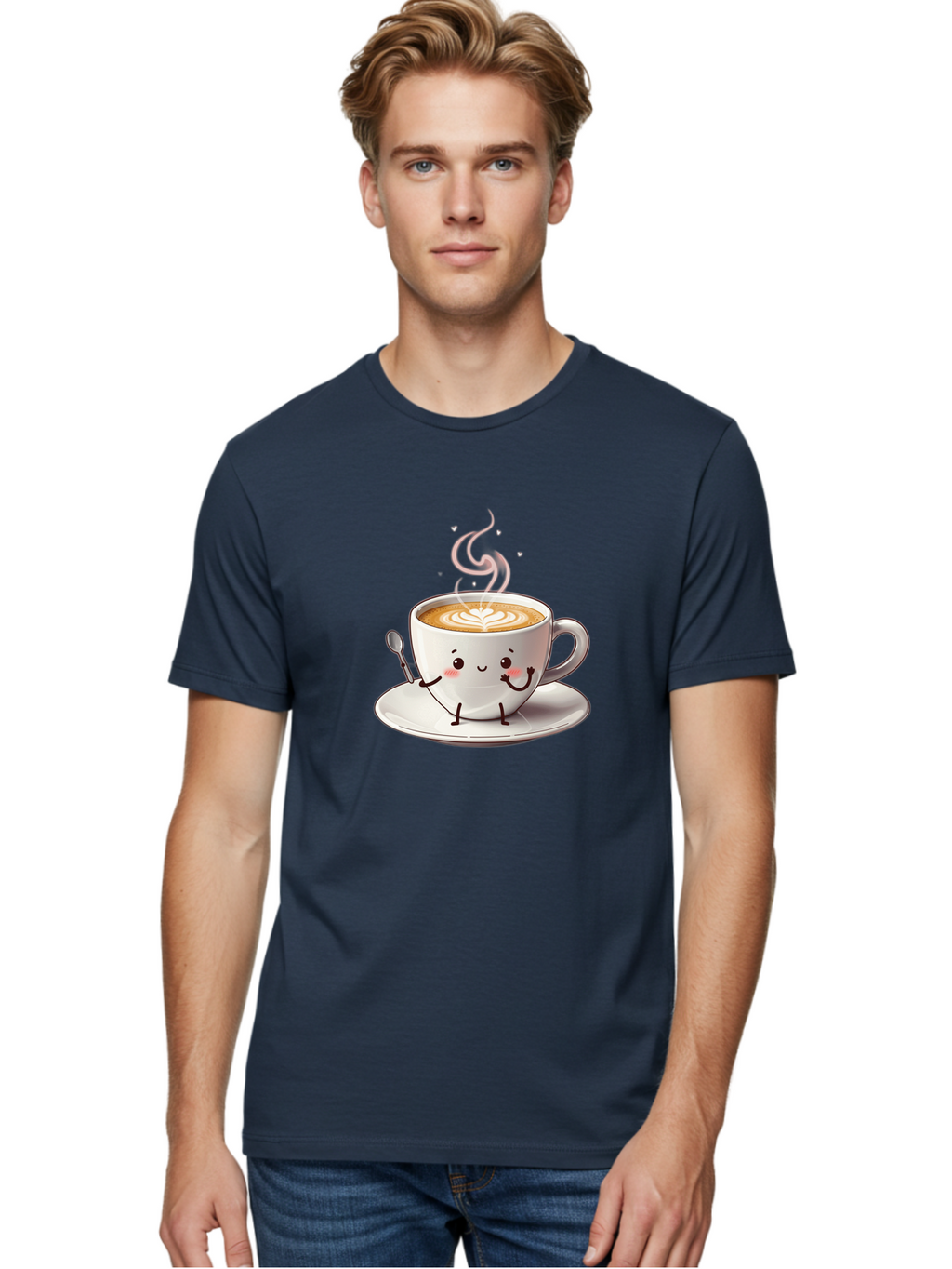 Coffee-Cup-Character-1 Men'S Graphic Tee, 100% Cotton, Comfortable Casual Summer Wear, Machine Washable, Cartoon Coffee Cup, Happy Face, Steaming Hot Coffee, Coffee Art, Cute Character, Kawaii Design, Latte Art, Coffee Culture, Bab794