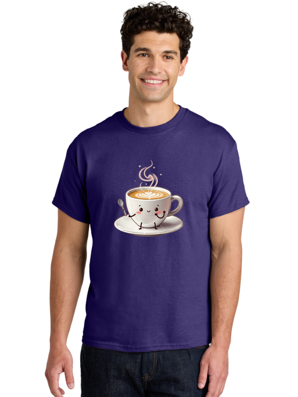 Coffee-Cup-Character-1 Men'S Graphic Tee, 100% Cotton, Comfortable Casual Summer Wear, Machine Washable, Cartoon Coffee Cup, Happy Face, Steaming Hot Coffee, Coffee Art, Cute Character, Kawaii Design, Latte Art, Coffee Culture, Bab794