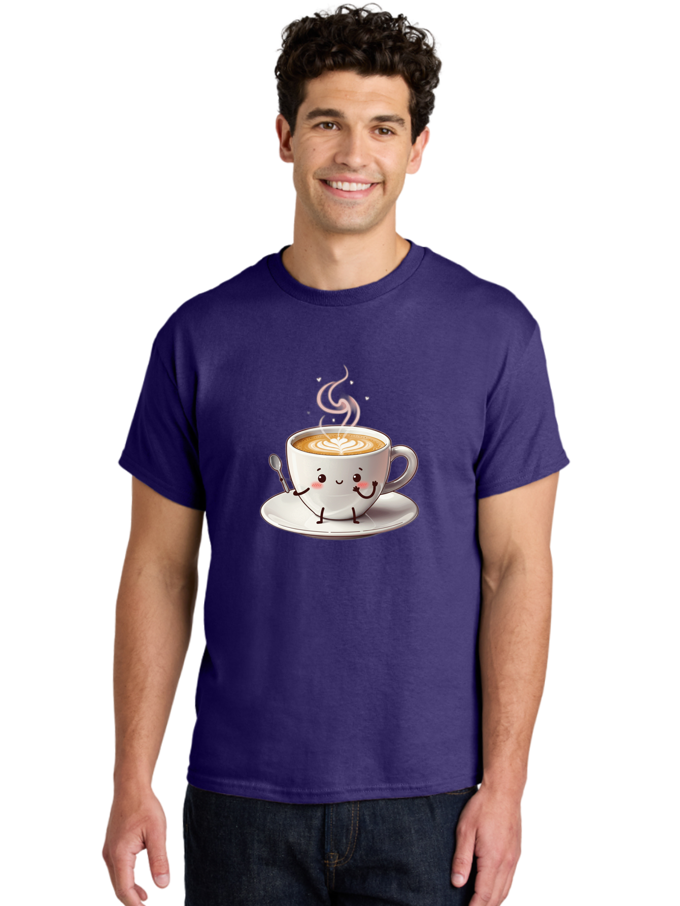 Coffee-Cup-Character-1 Men'S Graphic Tee, 100% Cotton, Comfortable Casual Summer Wear, Machine Washable, Cartoon Coffee Cup, Happy Face, Steaming Hot Coffee, Coffee Art, Cute Character, Kawaii Design, Latte Art, Coffee Culture, Bab794