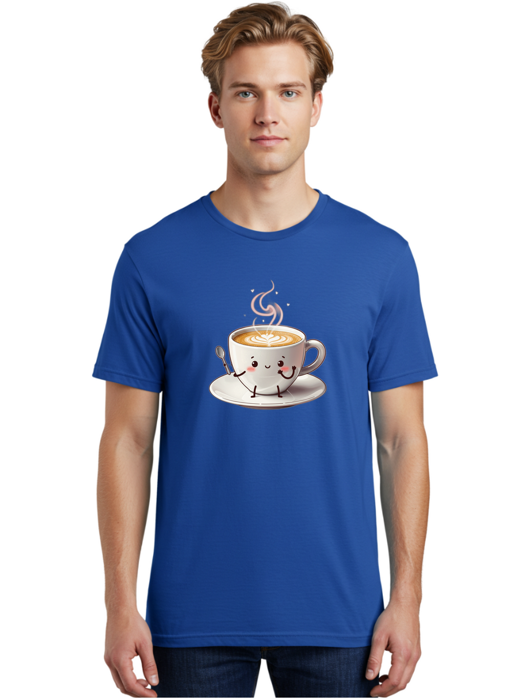 Coffee-Cup-Character-1 Men'S Graphic Tee, 100% Cotton, Comfortable Casual Summer Wear, Machine Washable, Cartoon Coffee Cup, Happy Face, Steaming Hot Coffee, Coffee Art, Cute Character, Kawaii Design, Latte Art, Coffee Culture, Bab794