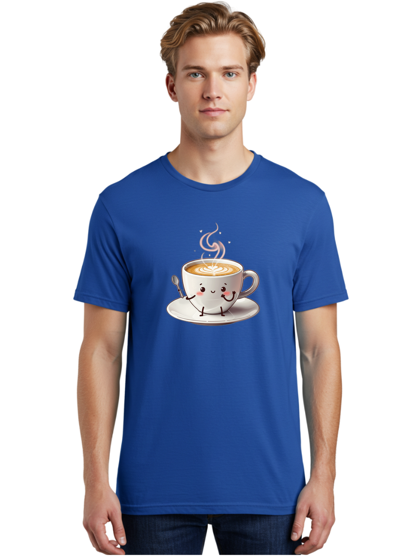 Coffee-Cup-Character-1 Men'S Graphic Tee, 100% Cotton, Comfortable Casual Summer Wear, Machine Washable, Cartoon Coffee Cup, Happy Face, Steaming Hot Coffee, Coffee Art, Cute Character, Kawaii Design, Latte Art, Coffee Culture, Bab794