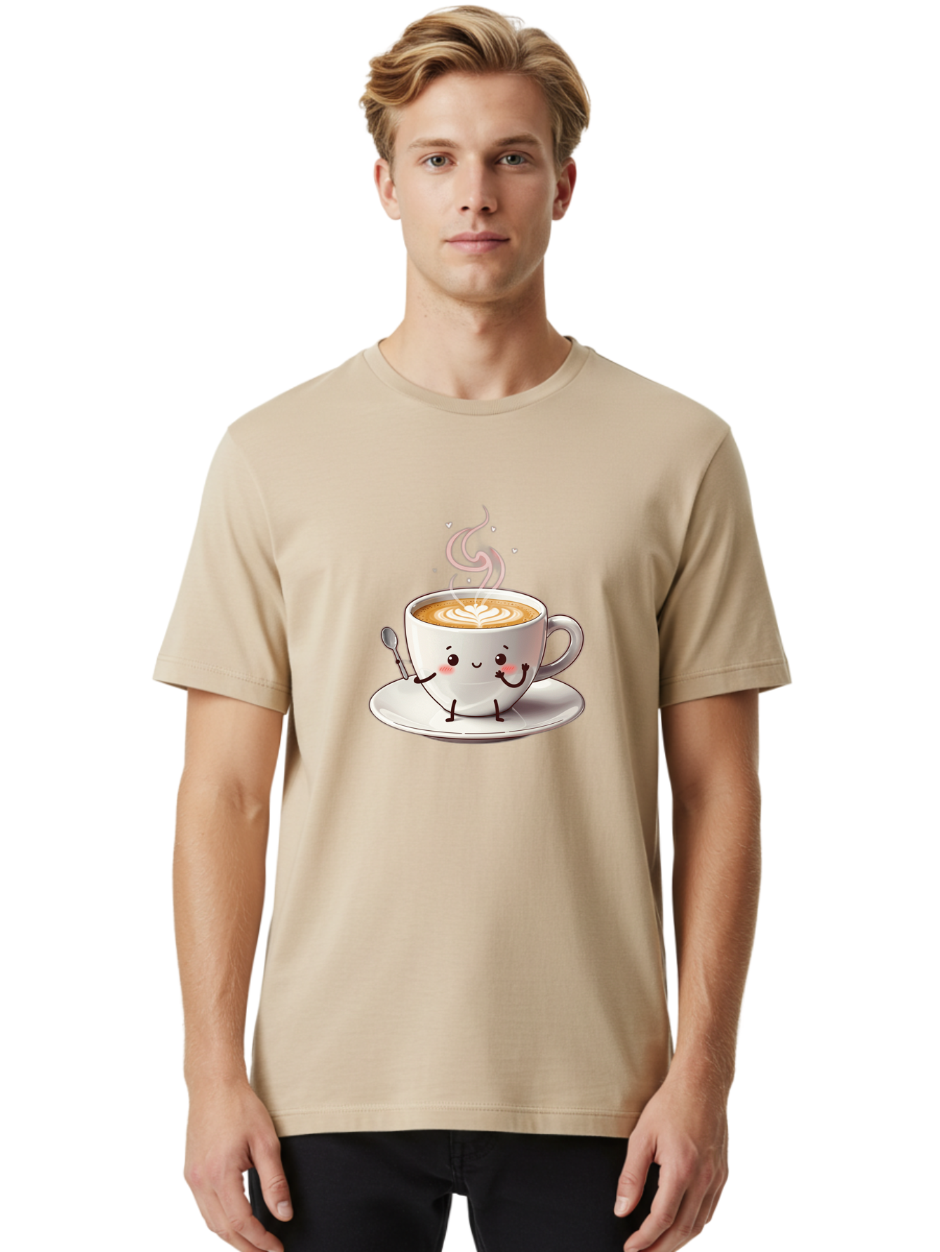 Coffee-Cup-Character-1 Men'S Graphic Tee, 100% Cotton, Comfortable Casual Summer Wear, Machine Washable, Cartoon Coffee Cup, Happy Face, Steaming Hot Coffee, Coffee Art, Cute Character, Kawaii Design, Latte Art, Coffee Culture, Bab794