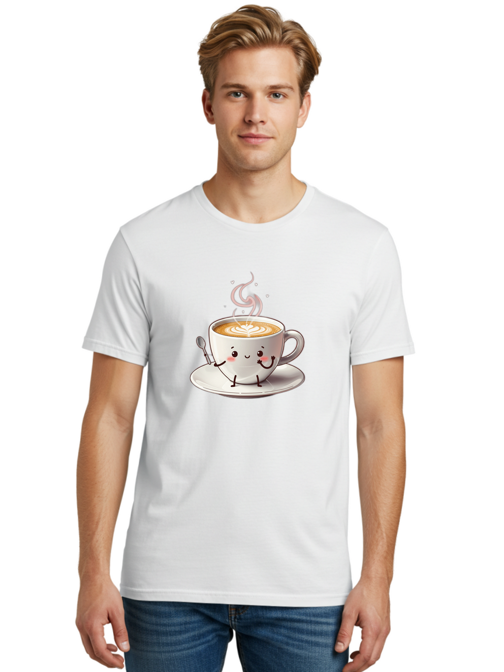 Coffee-Cup-Character-1 Men'S Graphic Tee, 100% Cotton, Comfortable Casual Summer Wear, Machine Washable, Cartoon Coffee Cup, Happy Face, Steaming Hot Coffee, Coffee Art, Cute Character, Kawaii Design, Latte Art, Coffee Culture, Bab794
