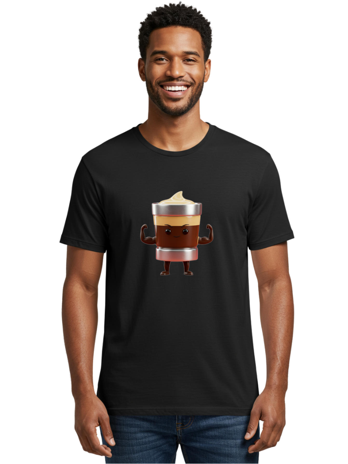 Coffee-Cup-Character Men'S Graphic Tee, 100% Cotton, Comfortable Casual Summer Wear, Machine Washable, Coffee Cup Character, Flexing Muscles, Strong Coffee, Cartoon Style, Playful Design, 3D Illustration, Coffee Lover, Morning Motivation Bab795