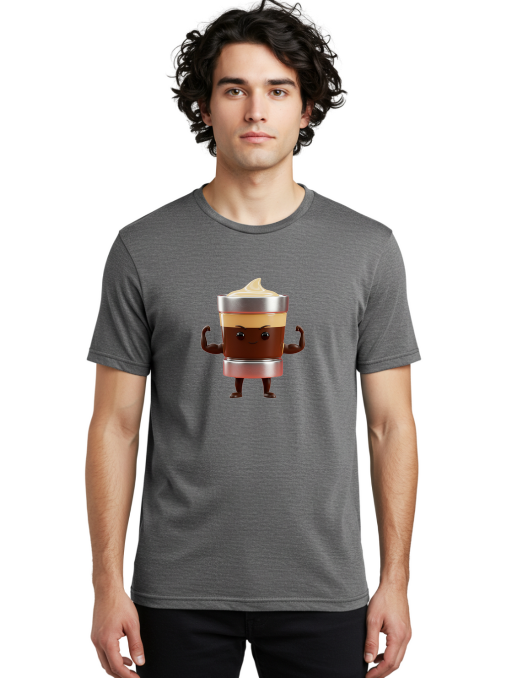 Coffee-Cup-Character Men'S Graphic Tee, 100% Cotton, Comfortable Casual Summer Wear, Machine Washable, Coffee Cup Character, Flexing Muscles, Strong Coffee, Cartoon Style, Playful Design, 3D Illustration, Coffee Lover, Morning Motivation Bab795