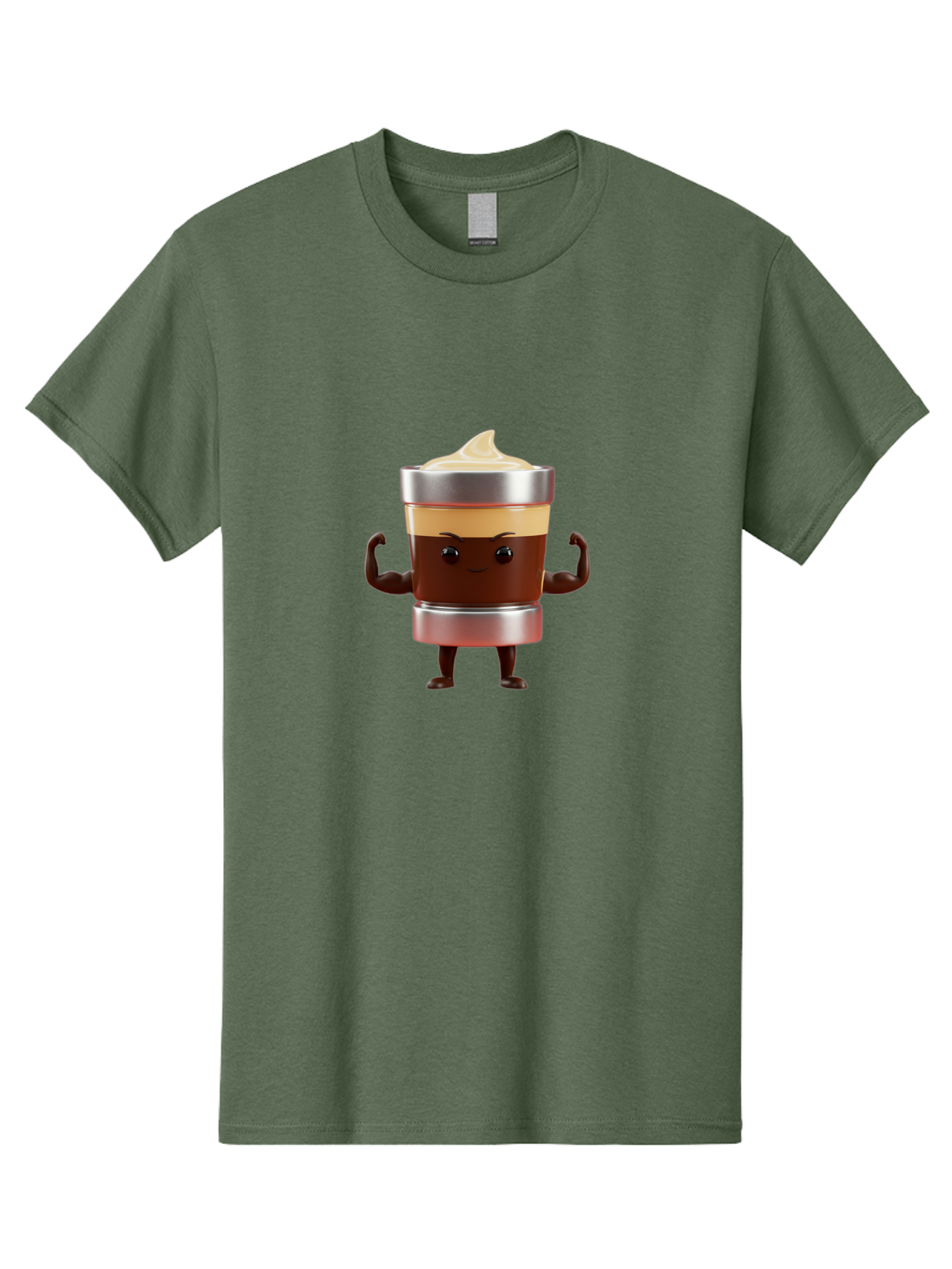 Coffee-Cup-Character Men'S Graphic Tee, 100% Cotton, Comfortable Casual Summer Wear, Machine Washable, Coffee Cup Character, Flexing Muscles, Strong Coffee, Cartoon Style, Playful Design, 3D Illustration, Coffee Lover, Morning Motivation Bab795