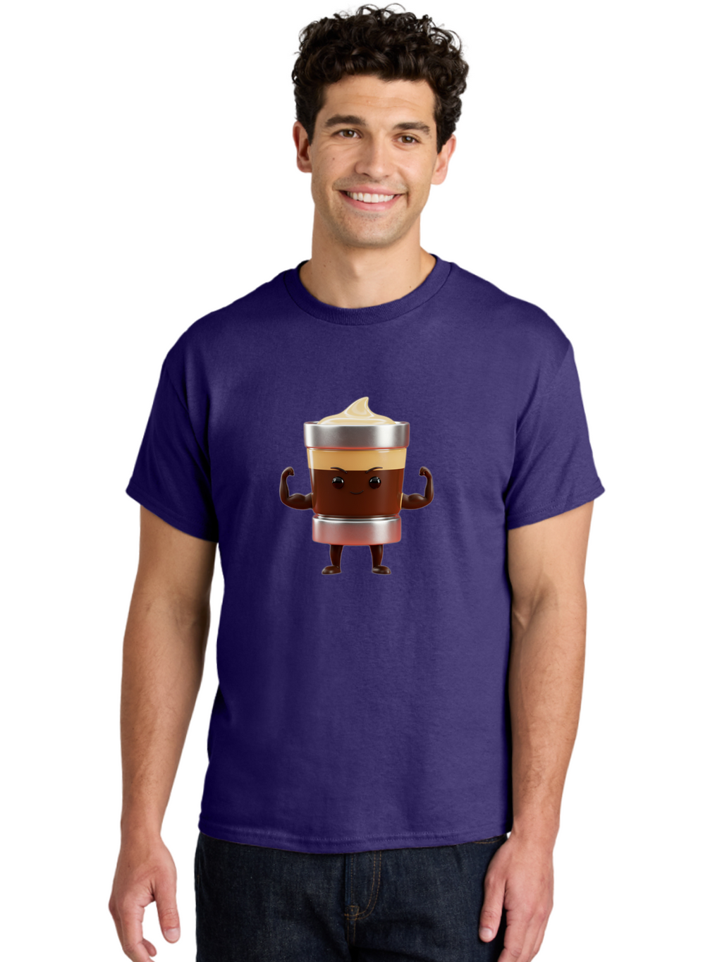 Coffee-Cup-Character Men'S Graphic Tee, 100% Cotton, Comfortable Casual Summer Wear, Machine Washable, Coffee Cup Character, Flexing Muscles, Strong Coffee, Cartoon Style, Playful Design, 3D Illustration, Coffee Lover, Morning Motivation Bab795