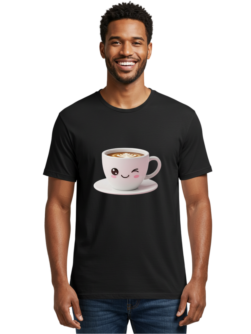 Coffee-Cup-Face Men'S Graphic Tee, 100% Cotton, Comfortable Casual Summer Wear, Machine Washable, Cute Coffee Cup, Coffee Latte Art, Kawaii Character, Adorable Face, Smiling Cup, Coffee Culture, Morning Coffee, Cartoon Style Bab796