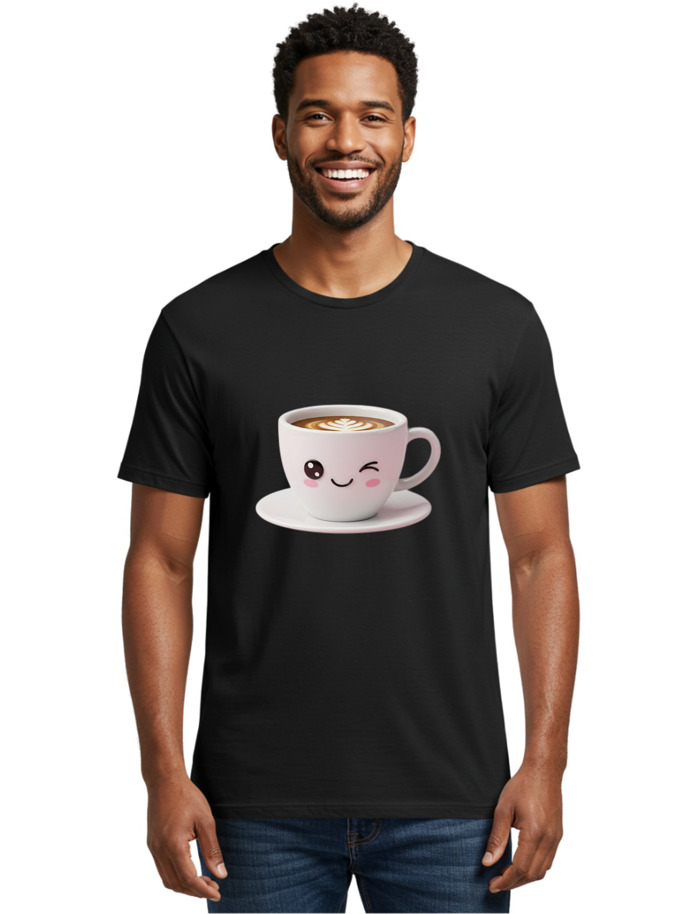 Coffee-Cup-Face Men'S Graphic Tee, 100% Cotton, Comfortable Casual Summer Wear, Machine Washable, Cute Coffee Cup, Coffee Latte Art, Kawaii Character, Adorable Face, Smiling Cup, Coffee Culture, Morning Coffee, Cartoon Style Bab796