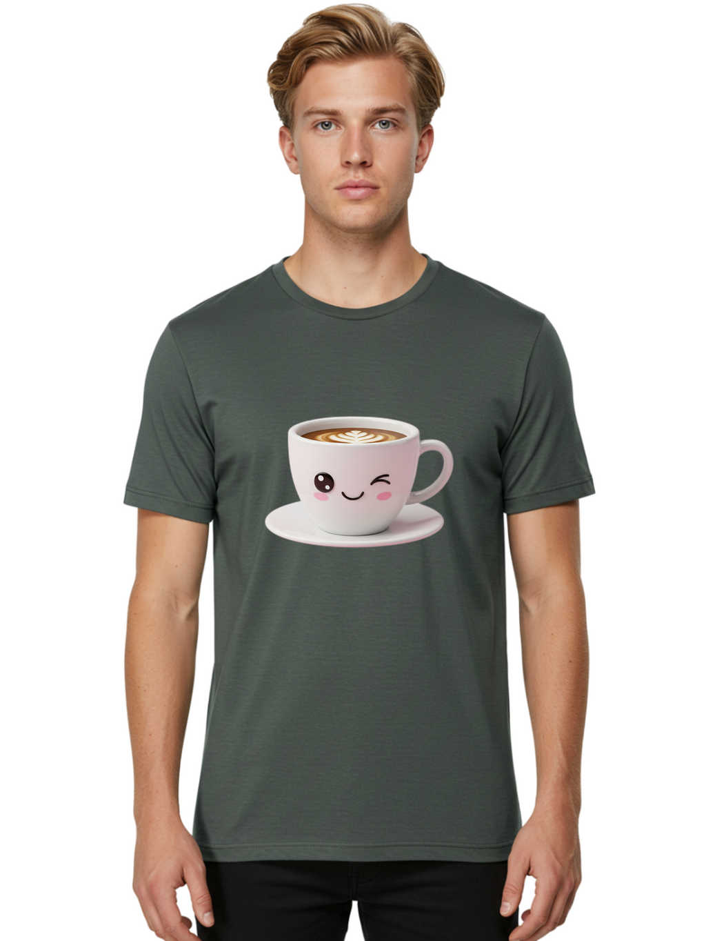 Coffee-Cup-Face Men'S Graphic Tee, 100% Cotton, Comfortable Casual Summer Wear, Machine Washable, Cute Coffee Cup, Coffee Latte Art, Kawaii Character, Adorable Face, Smiling Cup, Coffee Culture, Morning Coffee, Cartoon Style Bab796