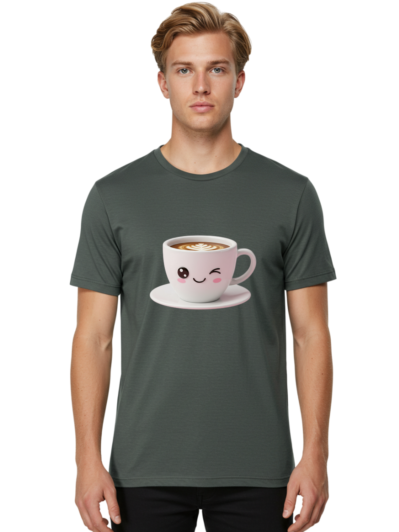 Coffee-Cup-Face Men'S Graphic Tee, 100% Cotton, Comfortable Casual Summer Wear, Machine Washable, Cute Coffee Cup, Coffee Latte Art, Kawaii Character, Adorable Face, Smiling Cup, Coffee Culture, Morning Coffee, Cartoon Style Bab796