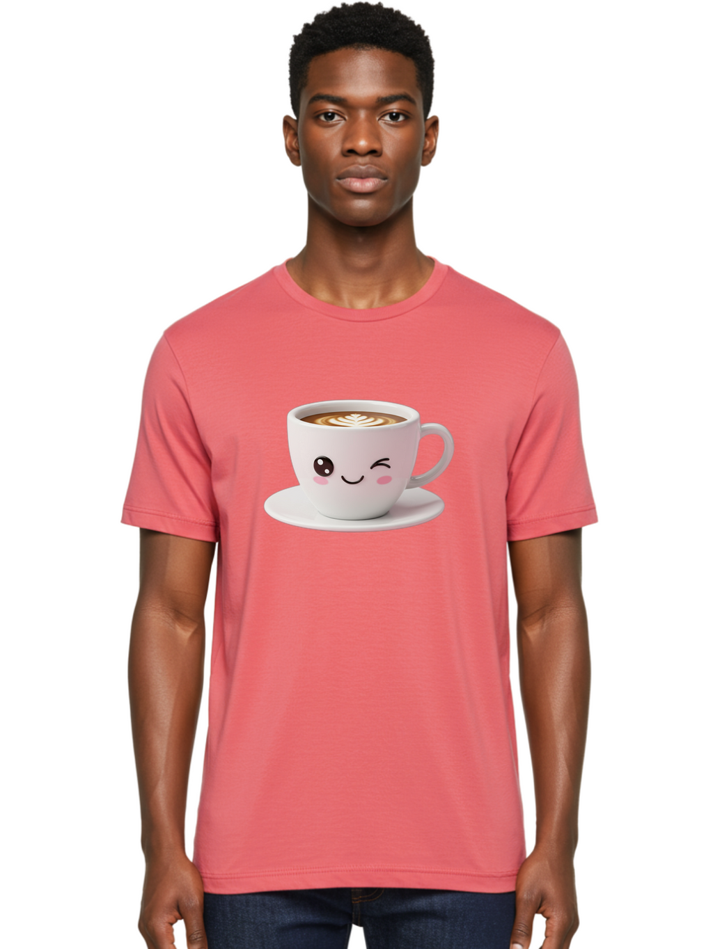 Coffee-Cup-Face Men'S Graphic Tee, 100% Cotton, Comfortable Casual Summer Wear, Machine Washable, Cute Coffee Cup, Coffee Latte Art, Kawaii Character, Adorable Face, Smiling Cup, Coffee Culture, Morning Coffee, Cartoon Style Bab796