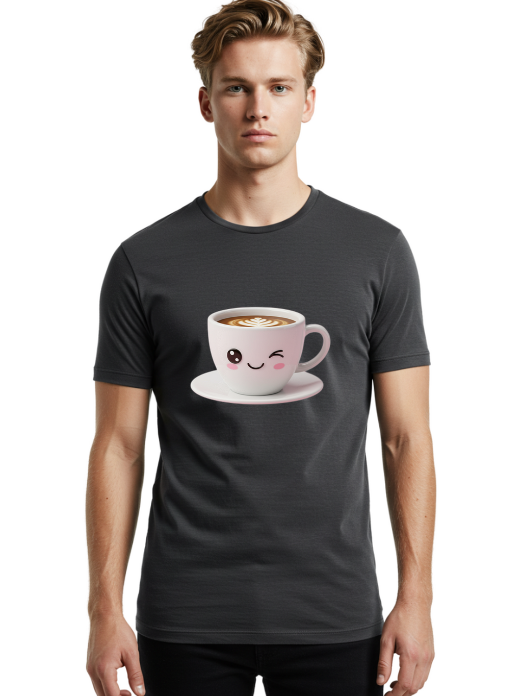 Coffee-Cup-Face Men'S Graphic Tee, 100% Cotton, Comfortable Casual Summer Wear, Machine Washable, Cute Coffee Cup, Coffee Latte Art, Kawaii Character, Adorable Face, Smiling Cup, Coffee Culture, Morning Coffee, Cartoon Style Bab796