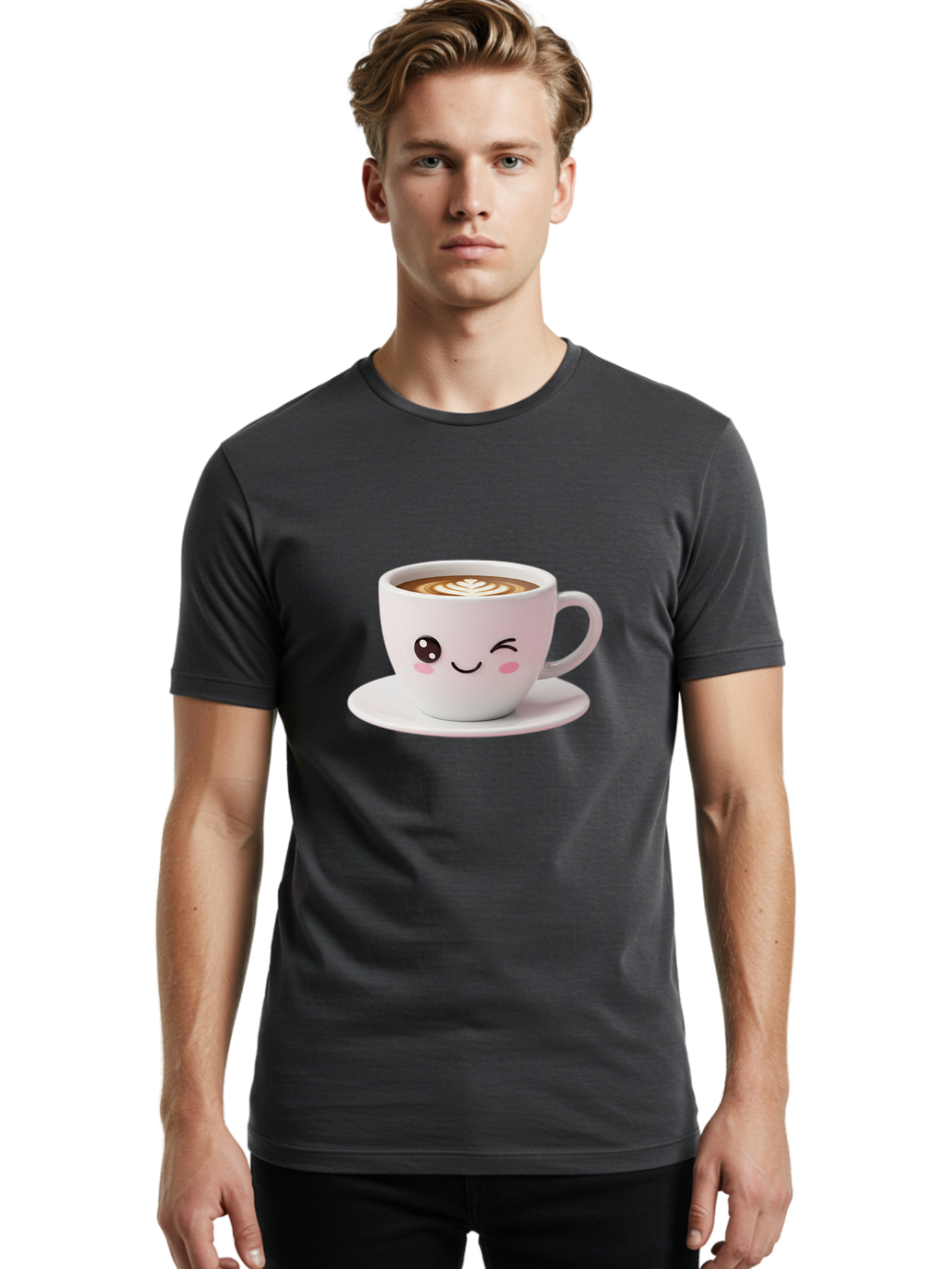Coffee-Cup-Face Men'S Graphic Tee, 100% Cotton, Comfortable Casual Summer Wear, Machine Washable, Cute Coffee Cup, Coffee Latte Art, Kawaii Character, Adorable Face, Smiling Cup, Coffee Culture, Morning Coffee, Cartoon Style Bab796