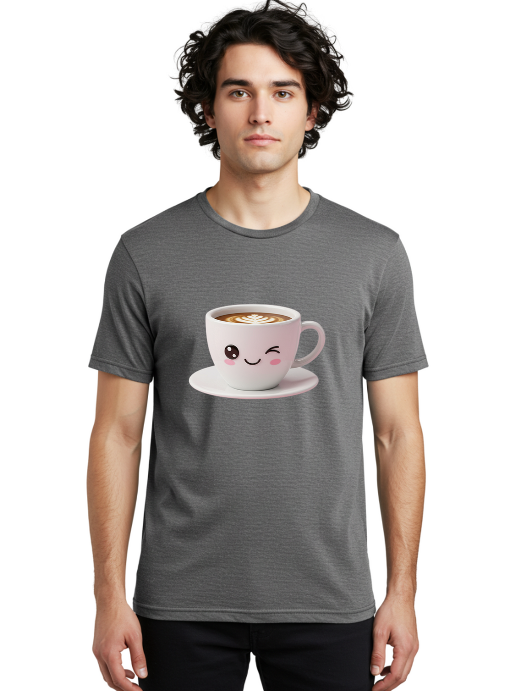 Coffee-Cup-Face Men'S Graphic Tee, 100% Cotton, Comfortable Casual Summer Wear, Machine Washable, Cute Coffee Cup, Coffee Latte Art, Kawaii Character, Adorable Face, Smiling Cup, Coffee Culture, Morning Coffee, Cartoon Style Bab796