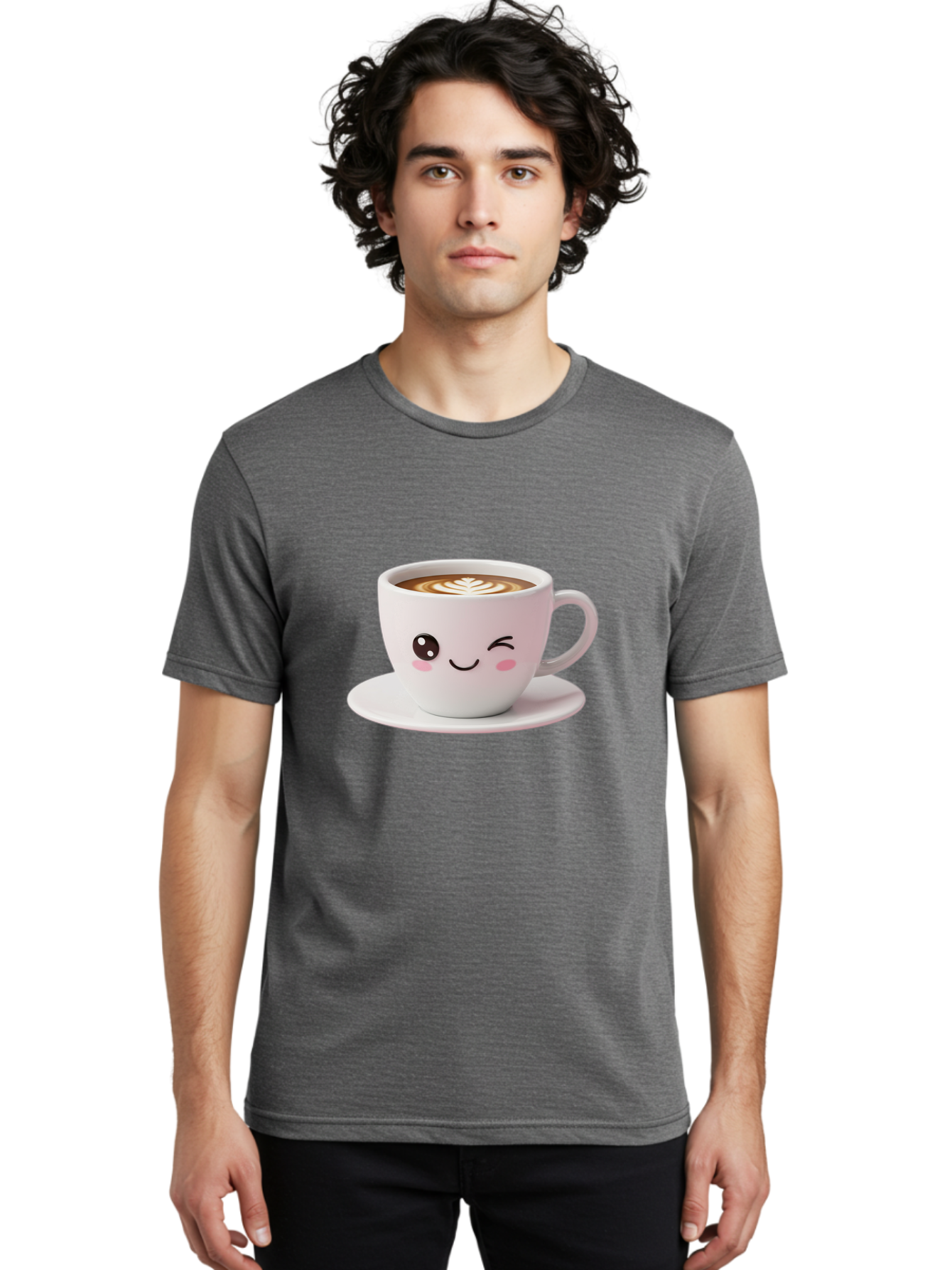 Coffee-Cup-Face Men'S Graphic Tee, 100% Cotton, Comfortable Casual Summer Wear, Machine Washable, Cute Coffee Cup, Coffee Latte Art, Kawaii Character, Adorable Face, Smiling Cup, Coffee Culture, Morning Coffee, Cartoon Style Bab796