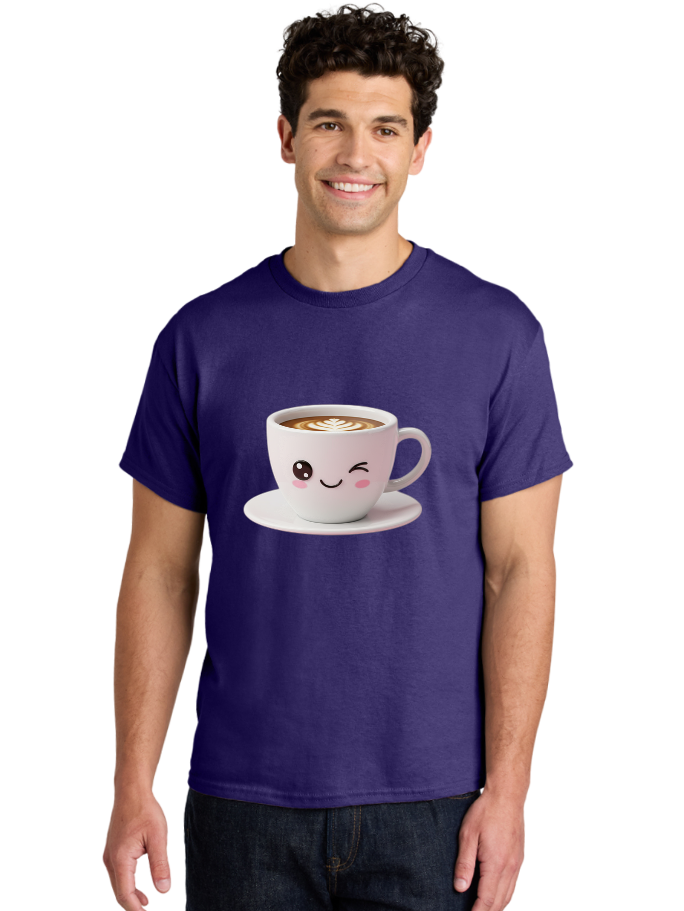 Coffee-Cup-Face Men'S Graphic Tee, 100% Cotton, Comfortable Casual Summer Wear, Machine Washable, Cute Coffee Cup, Coffee Latte Art, Kawaii Character, Adorable Face, Smiling Cup, Coffee Culture, Morning Coffee, Cartoon Style Bab796