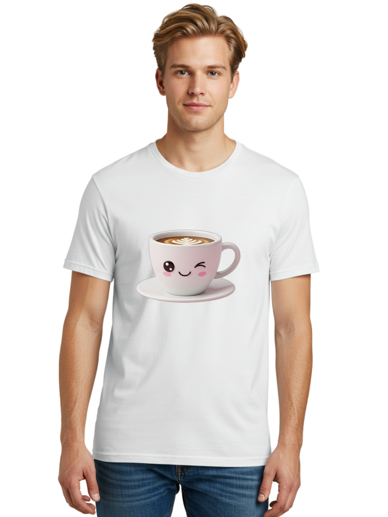 Coffee-Cup-Face Men'S Graphic Tee, 100% Cotton, Comfortable Casual Summer Wear, Machine Washable, Cute Coffee Cup, Coffee Latte Art, Kawaii Character, Adorable Face, Smiling Cup, Coffee Culture, Morning Coffee, Cartoon Style Bab796