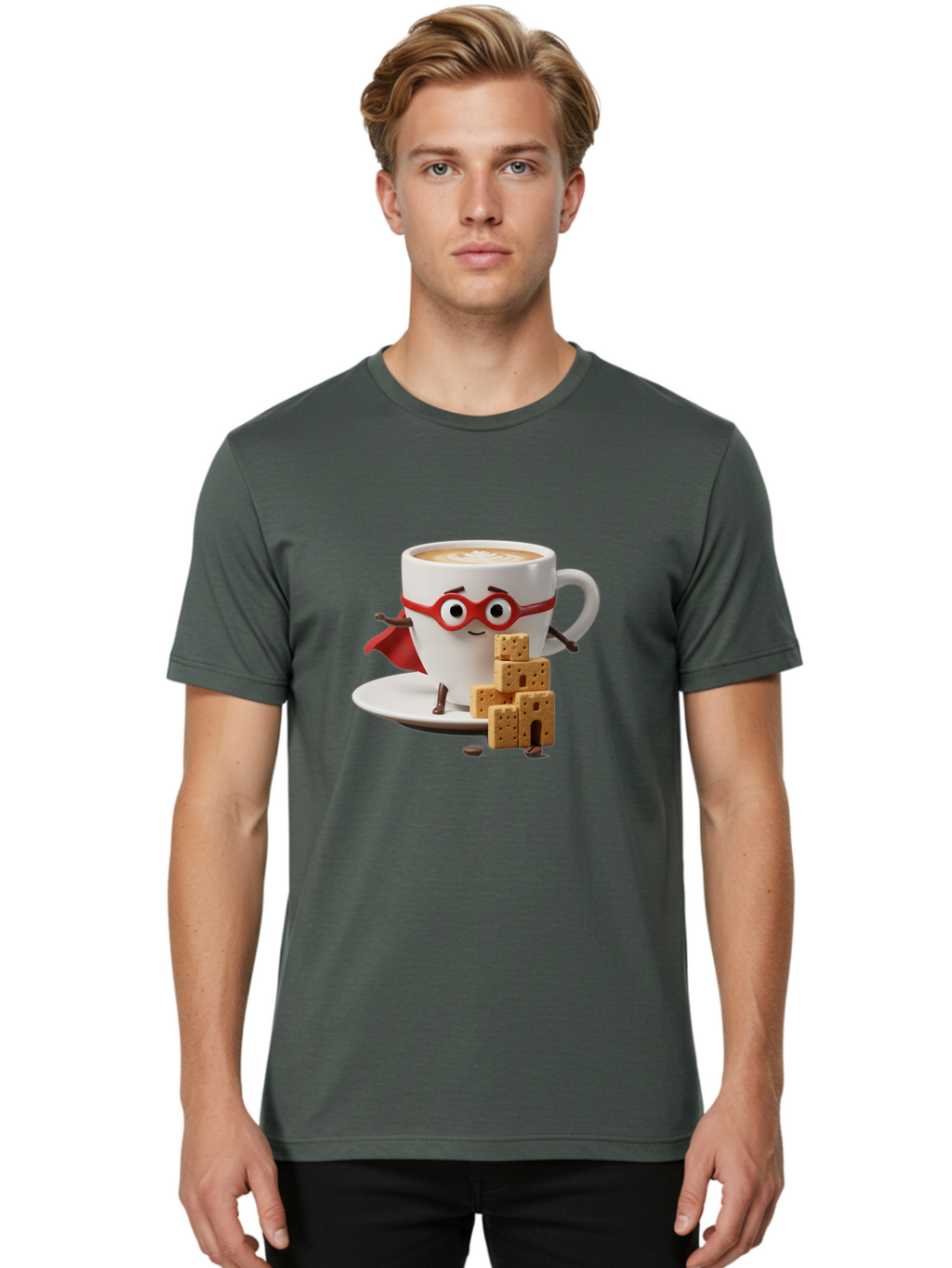 Coffee-Cup-Hero Men'S Graphic Tee, 100% Cotton, Comfortable Casual Summer Wear, Machine Washable, Coffee Cup With Face, Superhero Costume, Red Glasses, Cape, Biscuits, Chocolate Chips, Coffee Lover, Morning Routine, Funny Cartoon Bab797