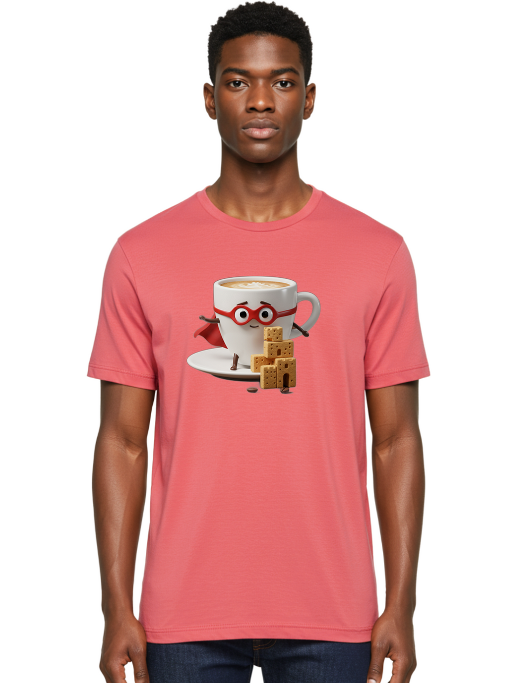 Coffee-Cup-Hero Men'S Graphic Tee, 100% Cotton, Comfortable Casual Summer Wear, Machine Washable, Coffee Cup With Face, Superhero Costume, Red Glasses, Cape, Biscuits, Chocolate Chips, Coffee Lover, Morning Routine, Funny Cartoon Bab797