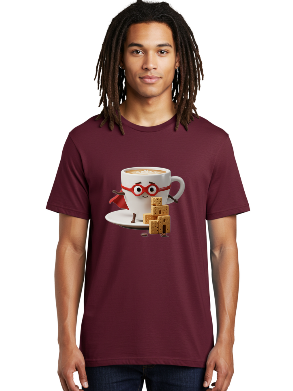 Coffee-Cup-Hero Men'S Graphic Tee, 100% Cotton, Comfortable Casual Summer Wear, Machine Washable, Coffee Cup With Face, Superhero Costume, Red Glasses, Cape, Biscuits, Chocolate Chips, Coffee Lover, Morning Routine, Funny Cartoon Bab797