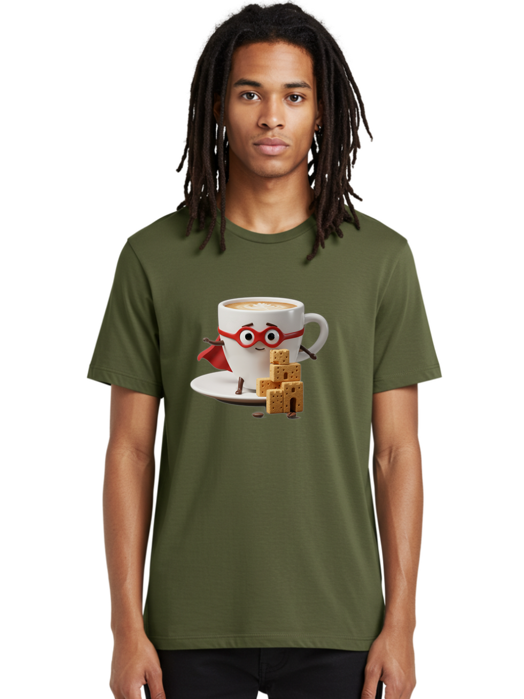 Coffee-Cup-Hero Men'S Graphic Tee, 100% Cotton, Comfortable Casual Summer Wear, Machine Washable, Coffee Cup With Face, Superhero Costume, Red Glasses, Cape, Biscuits, Chocolate Chips, Coffee Lover, Morning Routine, Funny Cartoon Bab797