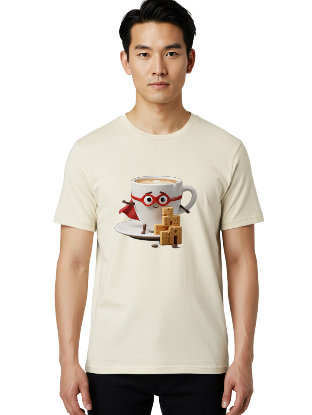 Coffee-Cup-Hero Men'S Graphic Tee, 100% Cotton, Comfortable Casual Summer Wear, Machine Washable, Coffee Cup With Face, Superhero Costume, Red Glasses, Cape, Biscuits, Chocolate Chips, Coffee Lover, Morning Routine, Funny Cartoon Bab797