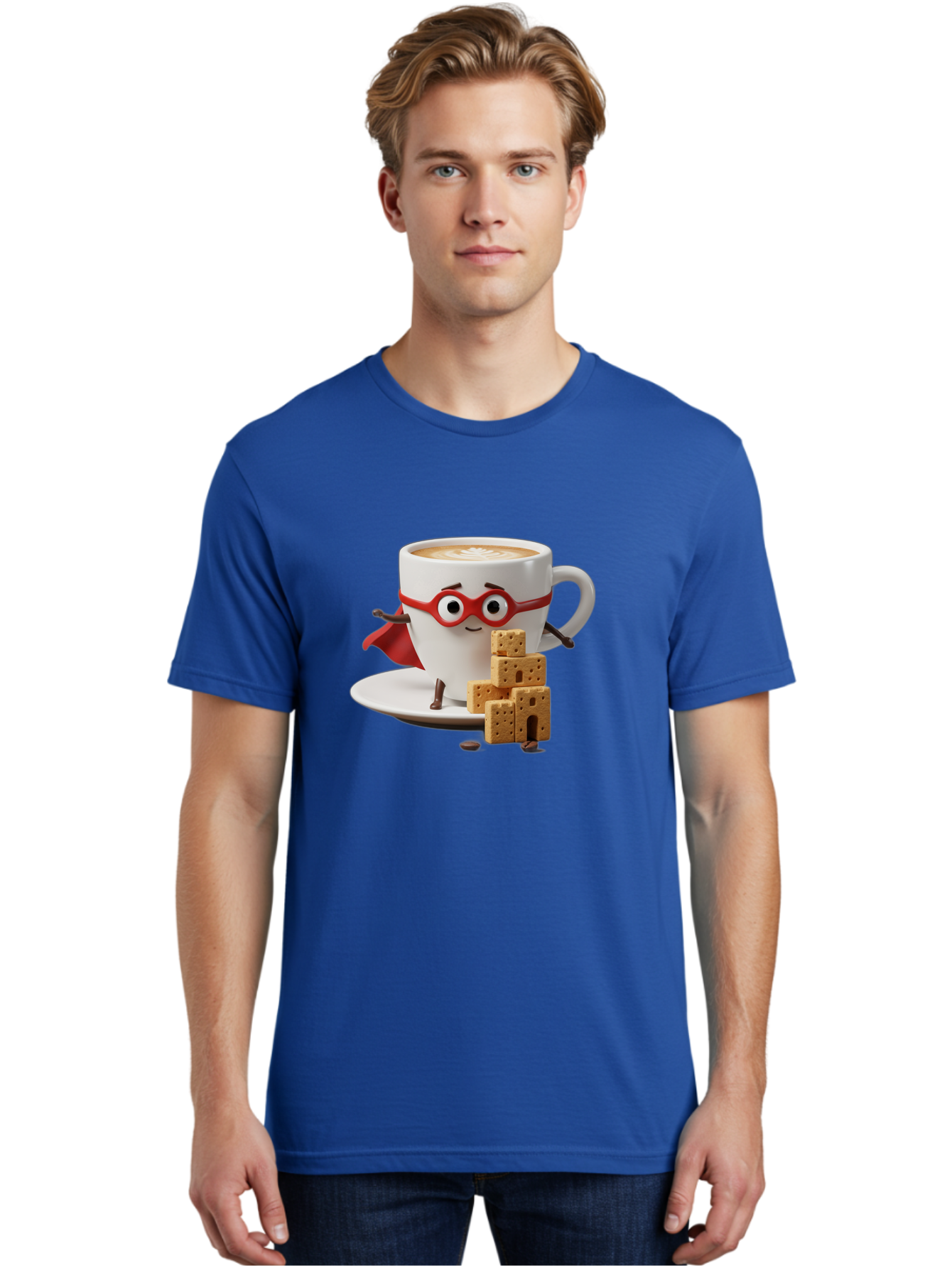 Coffee-Cup-Hero Men'S Graphic Tee, 100% Cotton, Comfortable Casual Summer Wear, Machine Washable, Coffee Cup With Face, Superhero Costume, Red Glasses, Cape, Biscuits, Chocolate Chips, Coffee Lover, Morning Routine, Funny Cartoon Bab797